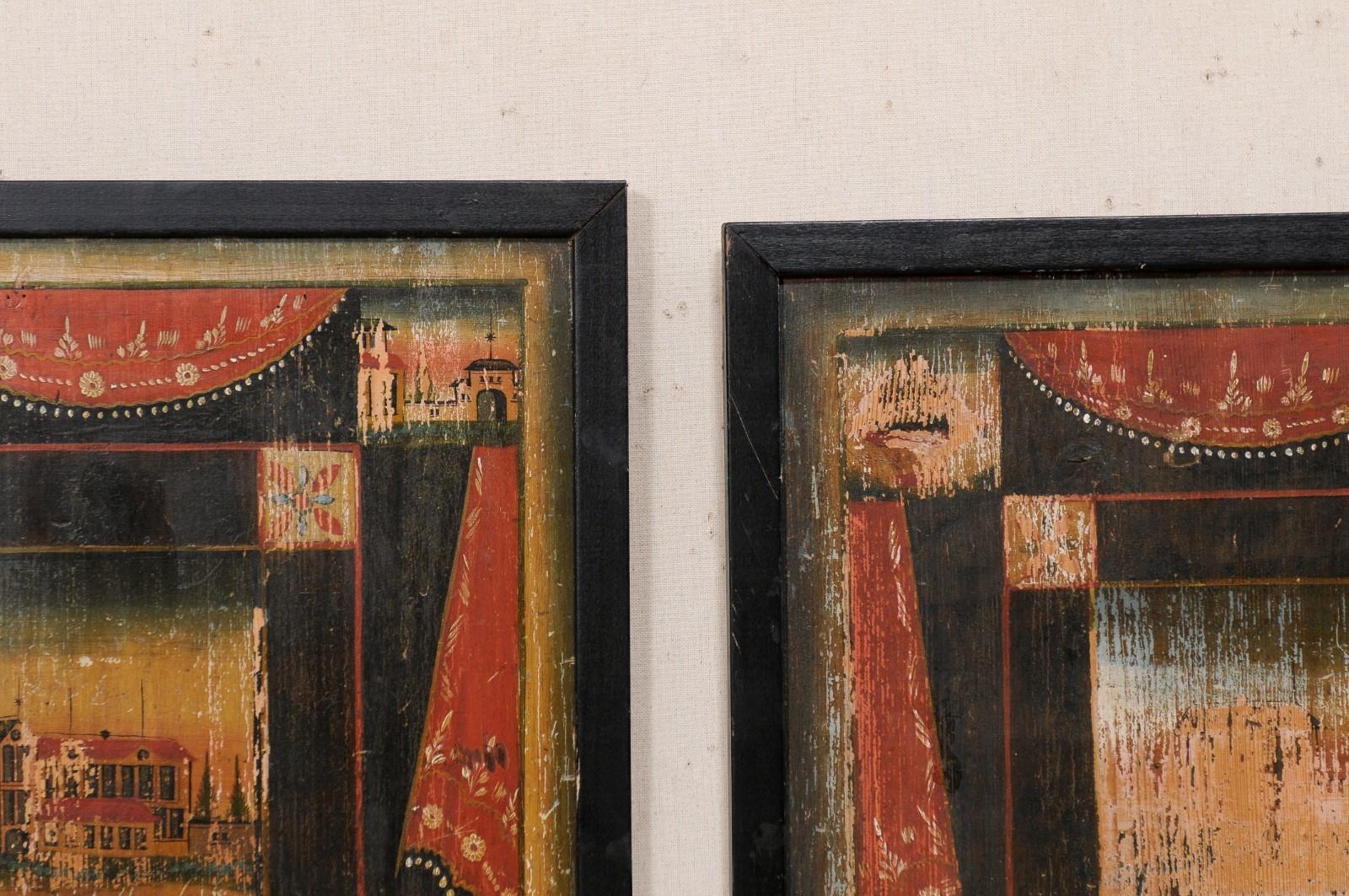 19th C. Pair of French Artisan Paintings on Wood Boards 5