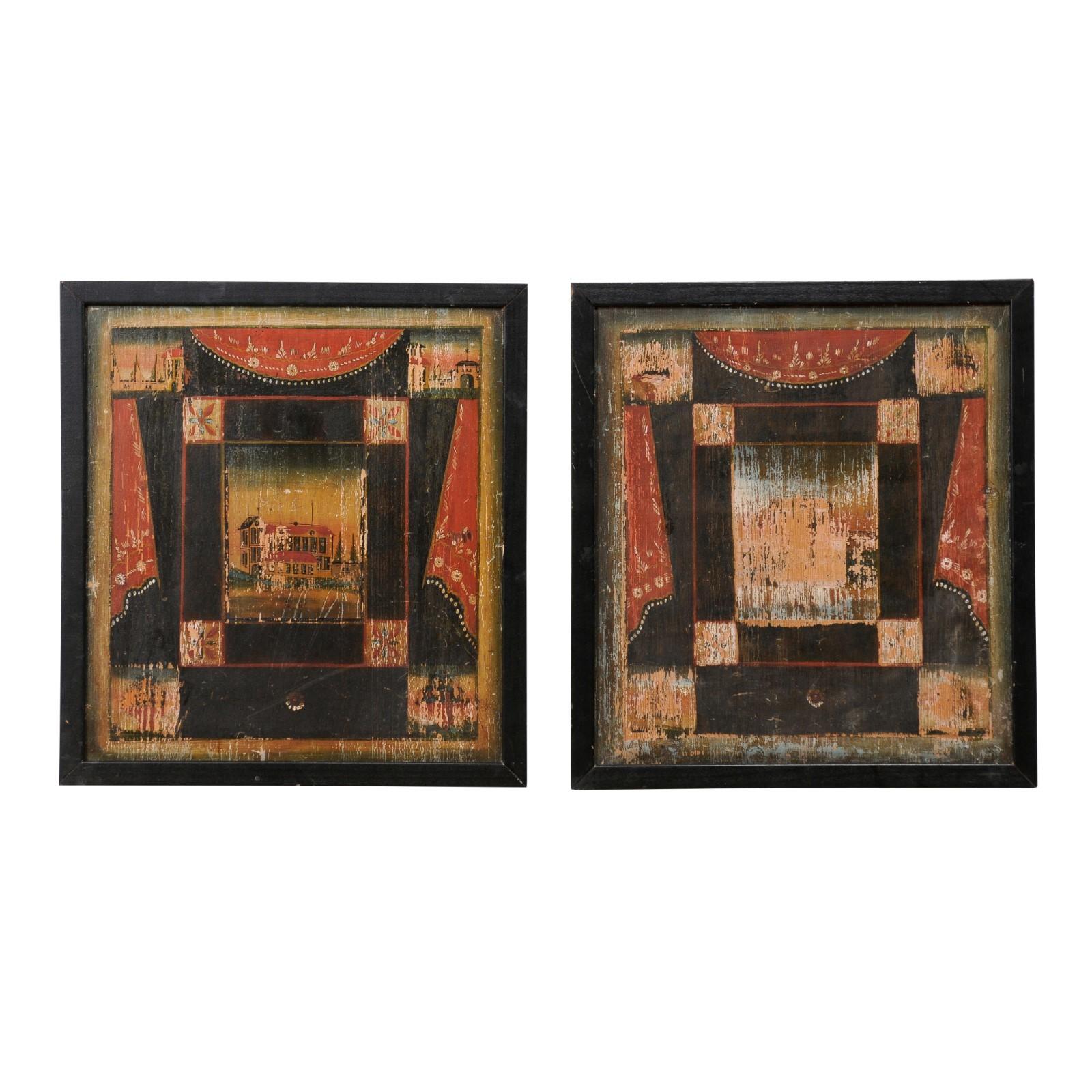 19th C. Pair of French Artisan Paintings on Wood Boards