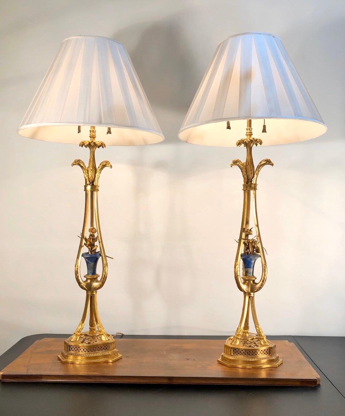 19th Century Pair of French Bronze Doré and Lapis Lamps with Eagle Heads For Sale 5