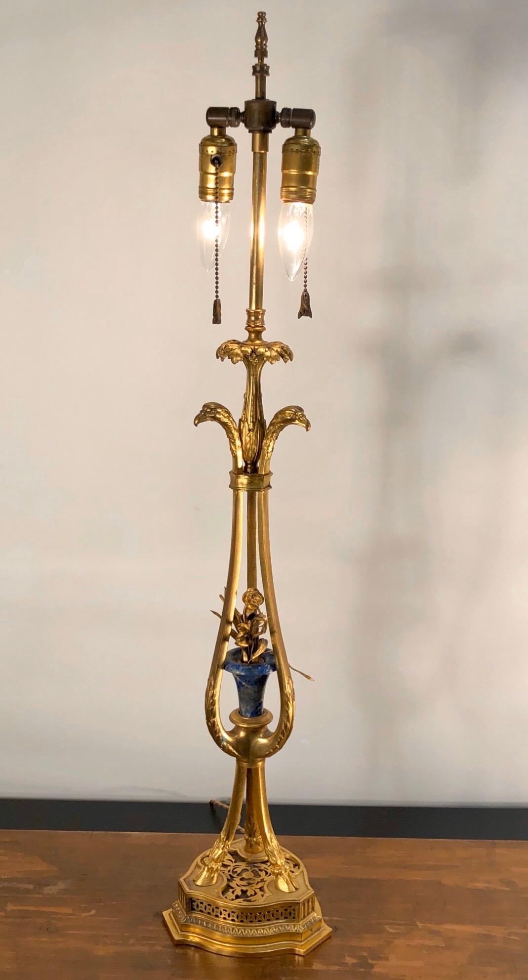 19th Century Pair of French Bronze Doré and Lapis Lamps with Eagle Heads For Sale 5