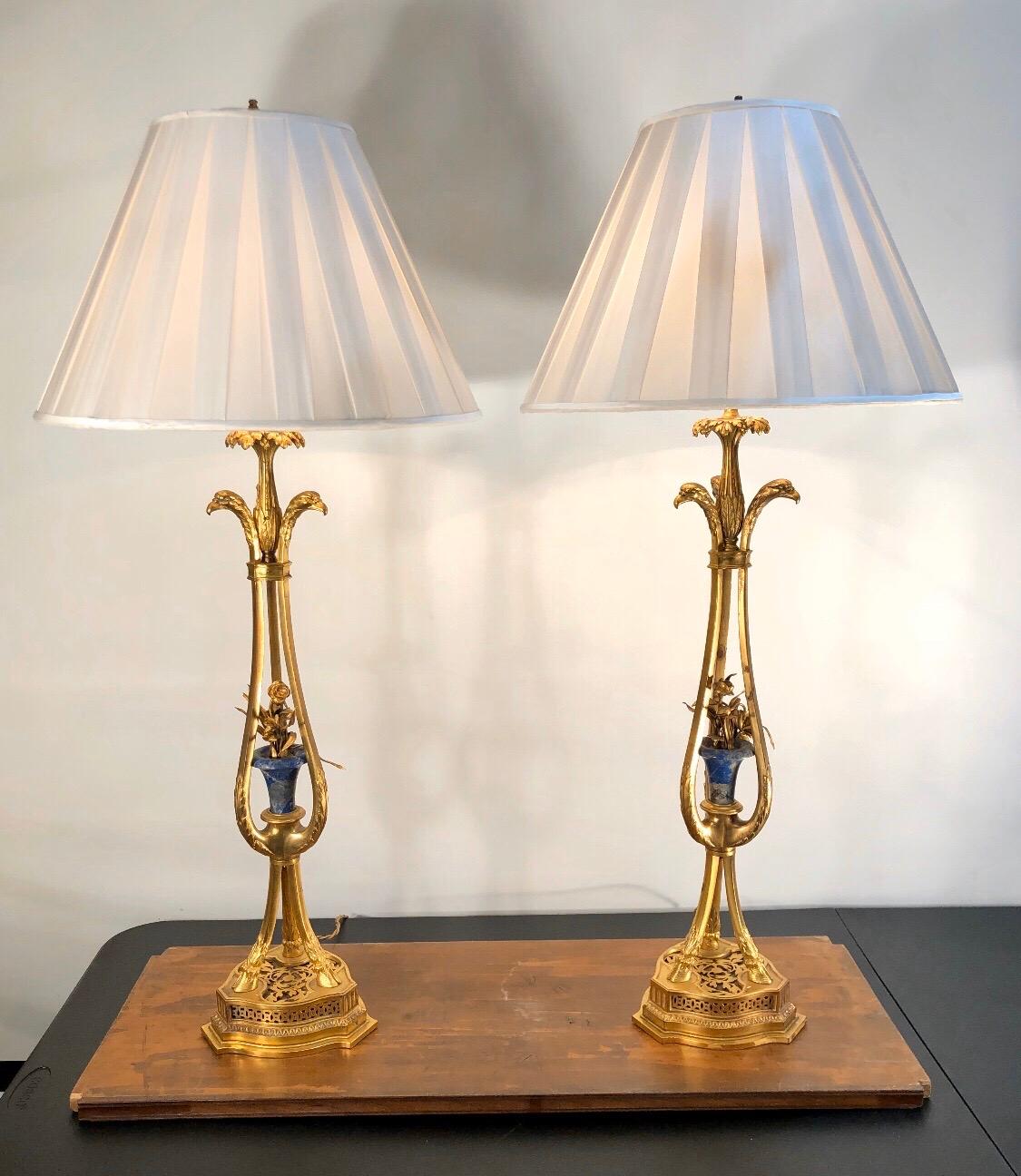 19th Century Pair of French Bronze Doré and Lapis Lamps with Eagle Heads For Sale 6