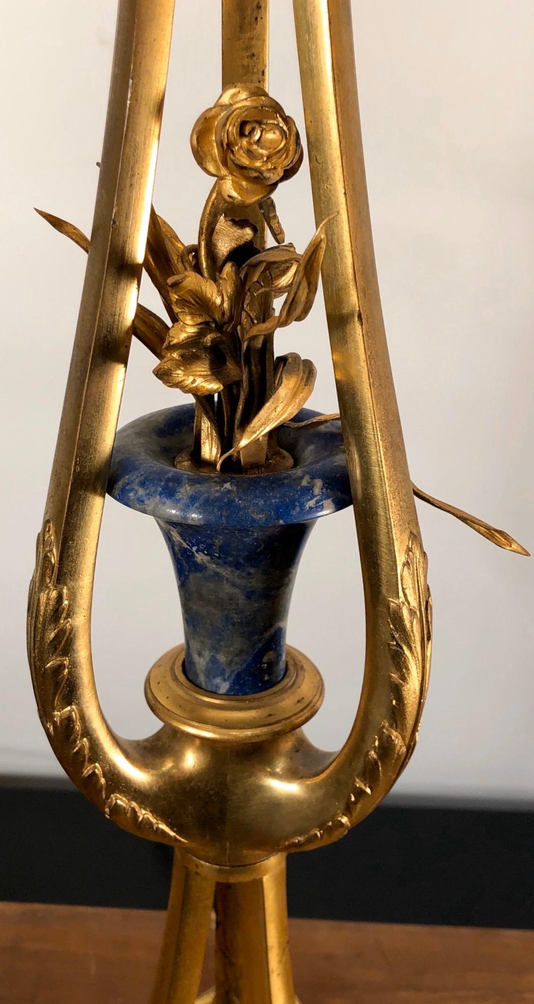 Lapis Lazuli 19th Century Pair of French Bronze Doré and Lapis Lamps with Eagle Heads For Sale