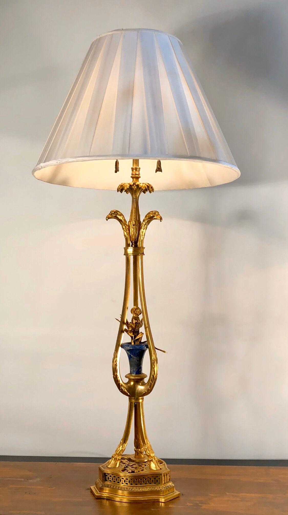 19th Century Pair of French Bronze Doré and Lapis Lamps with Eagle Heads For Sale 3