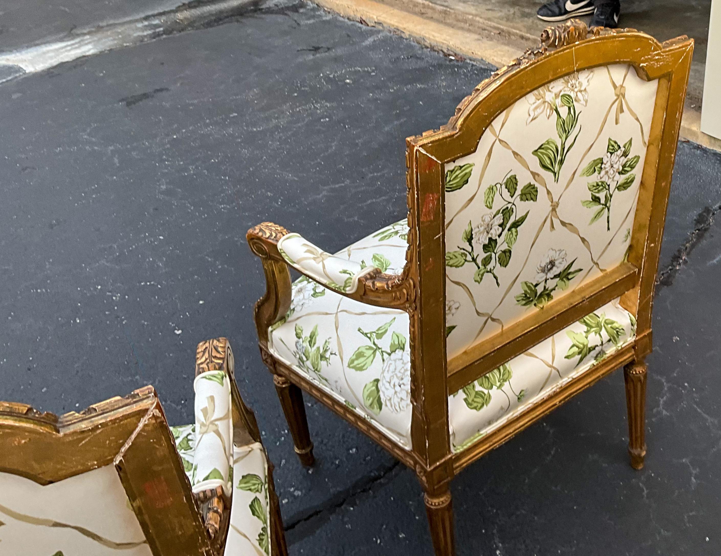 19th-C. Pair of French Louis XVI Style Carved Giltwood Bergere Chairs 6