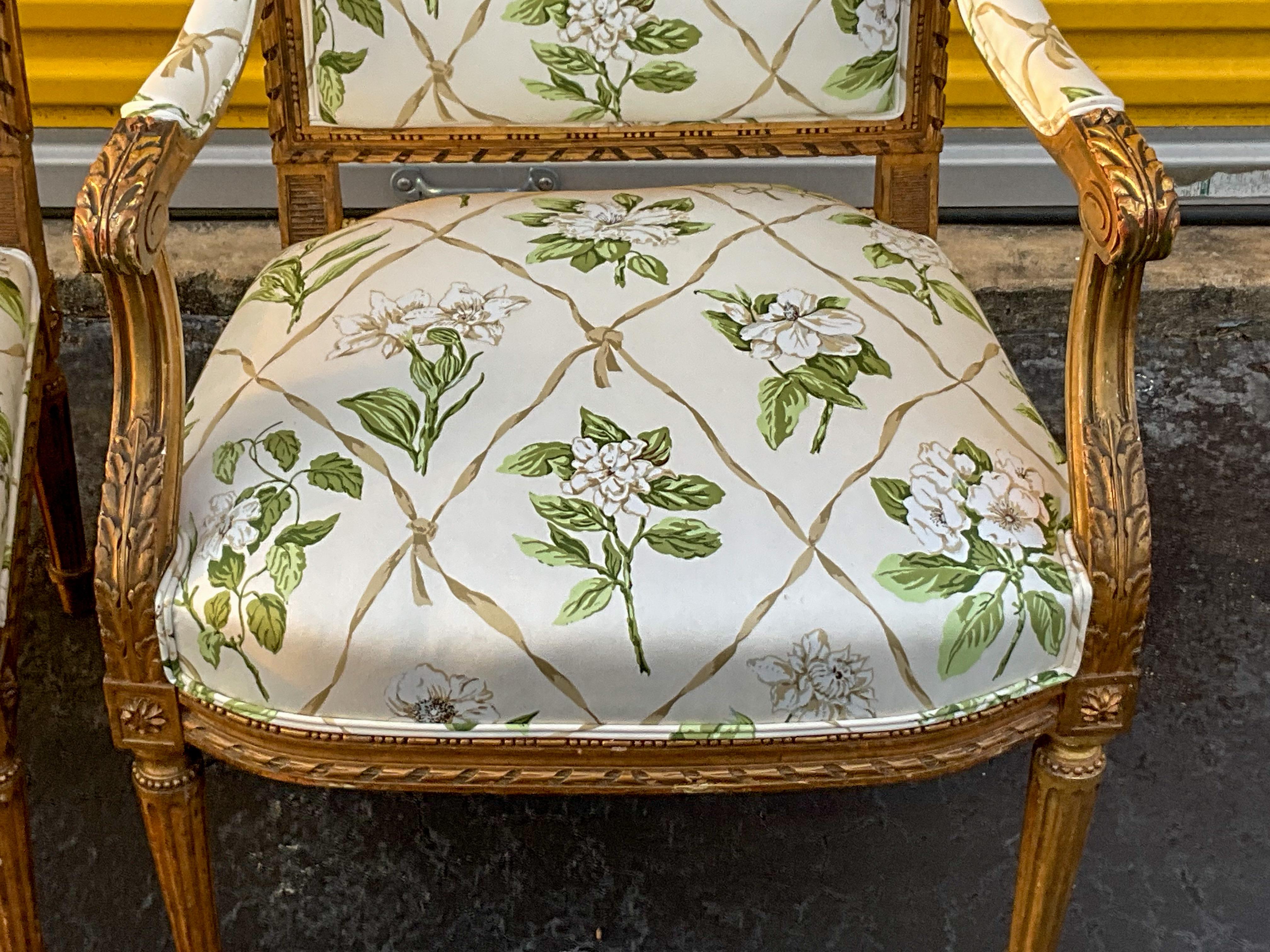 20th Century 19th-C. Pair of French Louis XVI Style Carved Giltwood Bergere Chairs