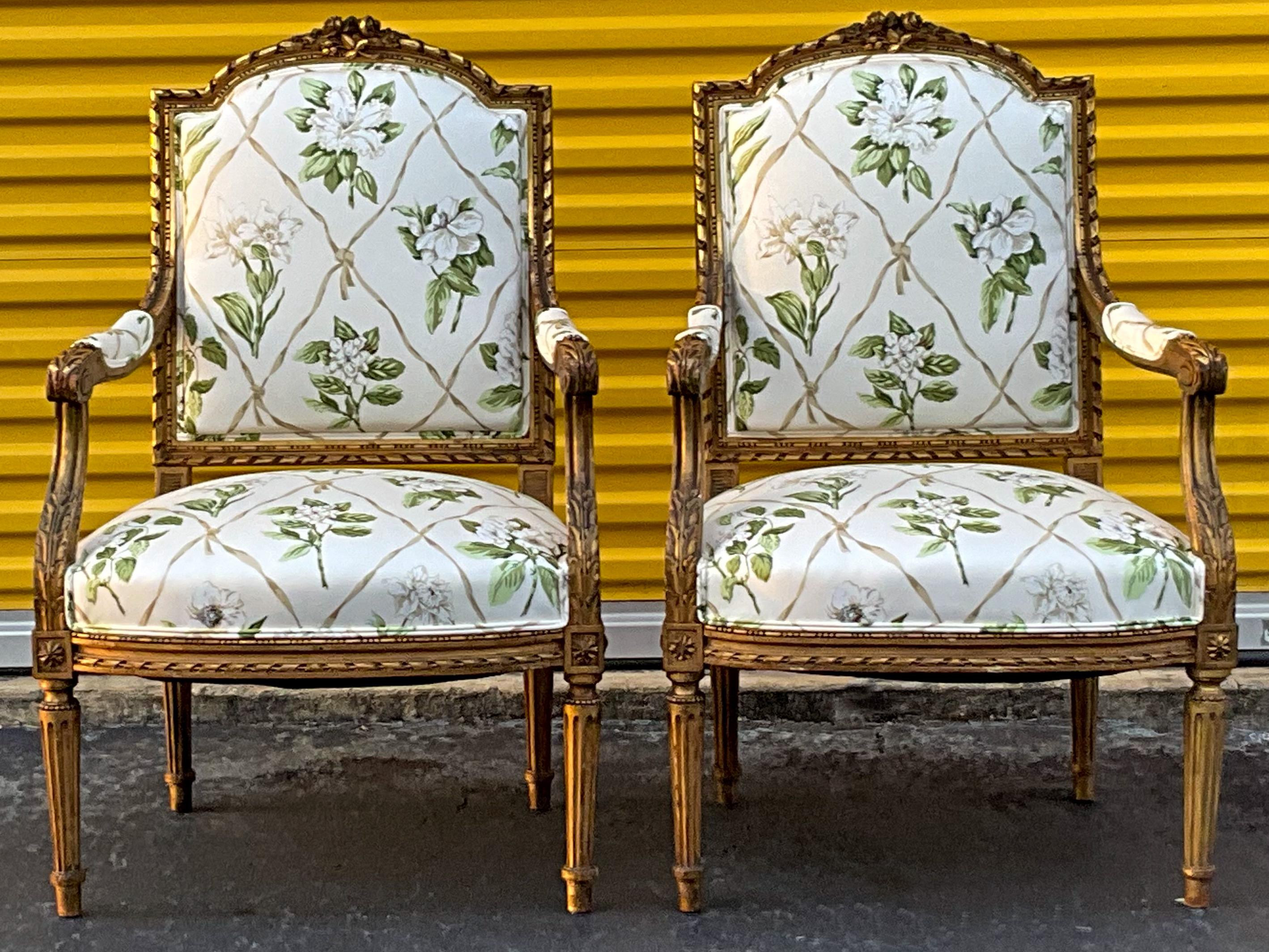Upholstery 19th-C. Pair of French Louis XVI Style Carved Giltwood Bergere Chairs