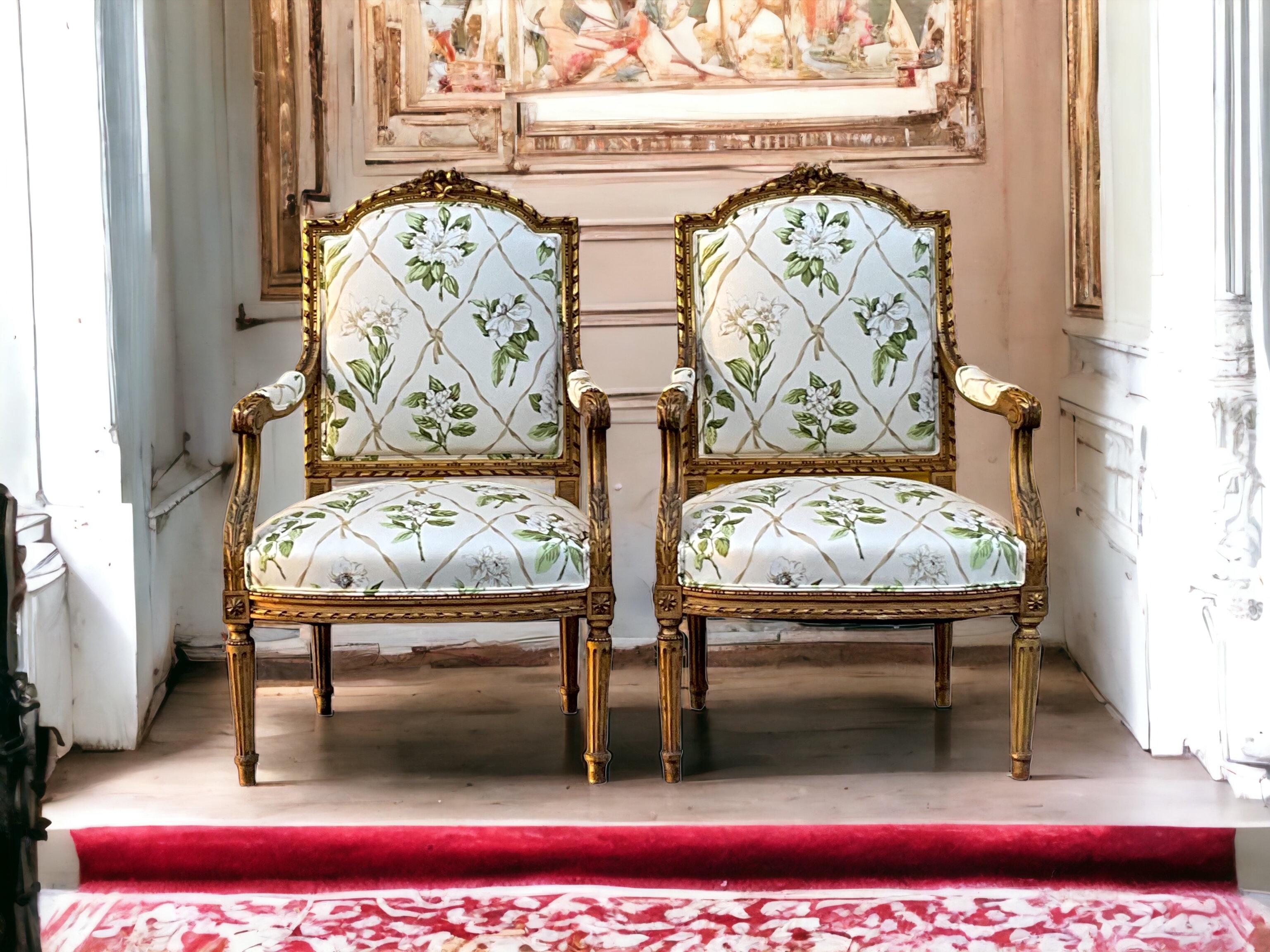 19th-C. Pair of French Louis XVI Style Carved Giltwood Bergere Chairs 2