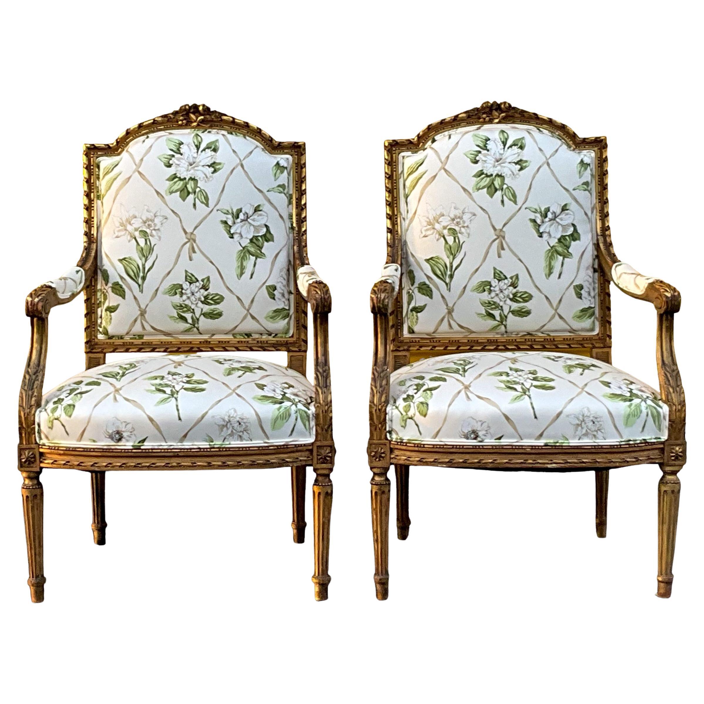 19th-C. Pair of French Louis XVI Style Carved Giltwood Bergere Chairs