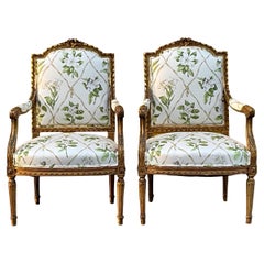 19th-C. Pair of French Louis XVI Style Carved Giltwood Bergere Chairs