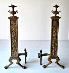 19th C. Pair of French Neoclassical Etched Decorated Patinated Bronze Andirons