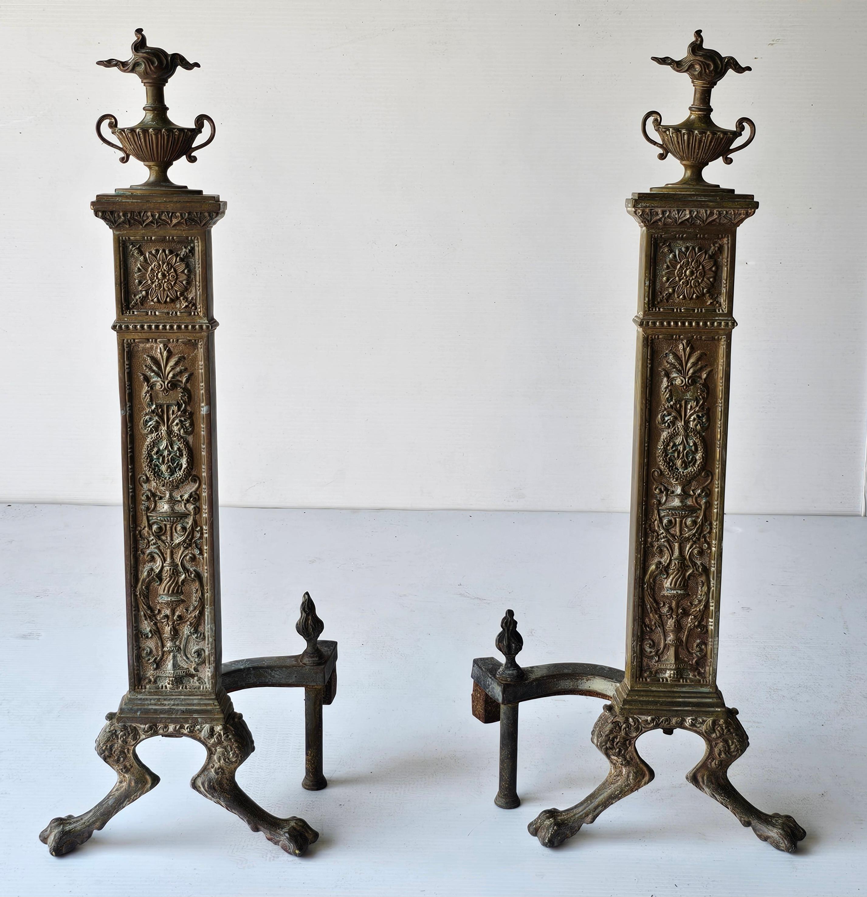 American 19th C. Pair of French Neoclassical Etched Decorated Patinated Bronze Andirons For Sale