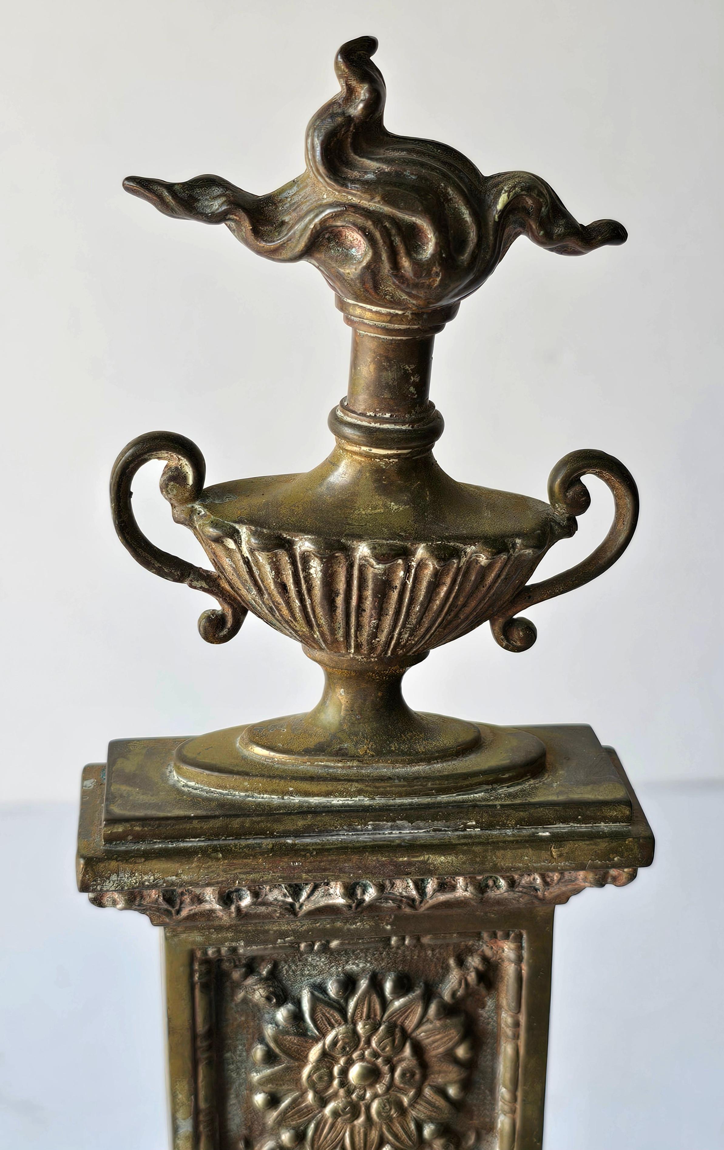 19th C. Pair of French Neoclassical Etched Decorated Patinated Bronze Andirons In Good Condition For Sale In Germantown, MD