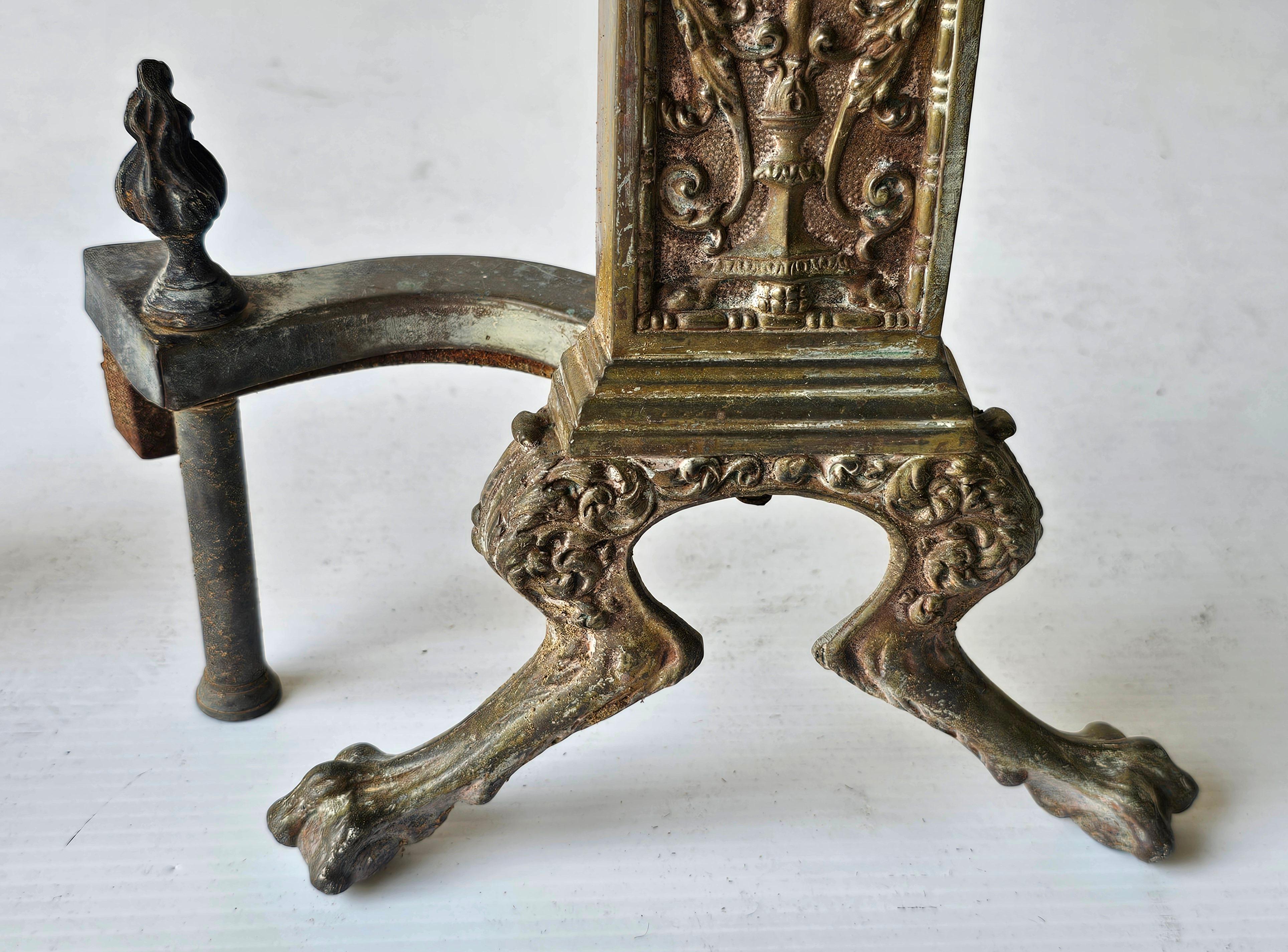 19th Century 19th C. Pair of French Neoclassical Etched Decorated Patinated Bronze Andirons For Sale