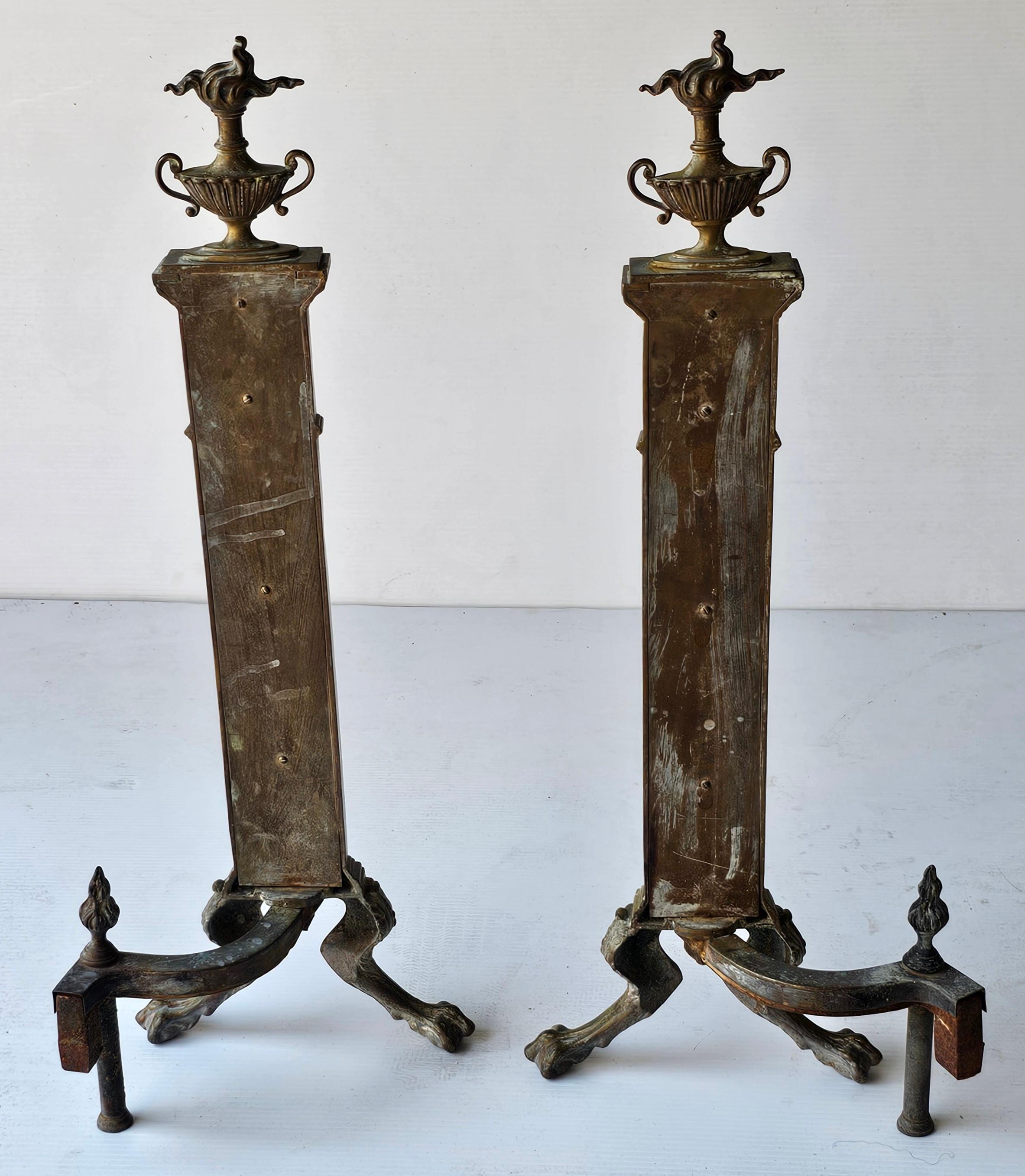 19th C. Pair of French Neoclassical Etched Decorated Patinated Bronze Andirons For Sale 2