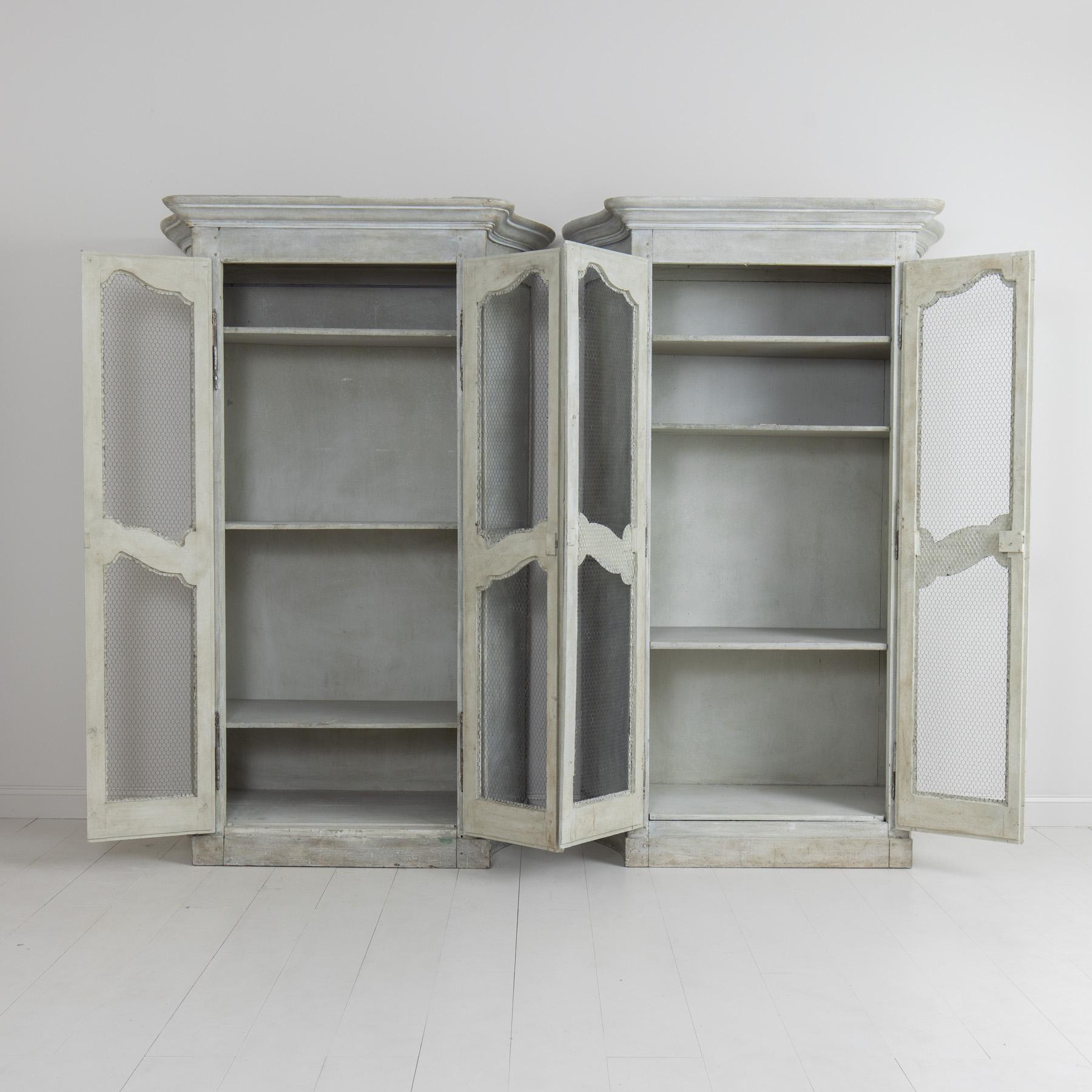 19th c. Pair of French Gray Painted Armoire Cabinets with Serpentine Sides For Sale 13