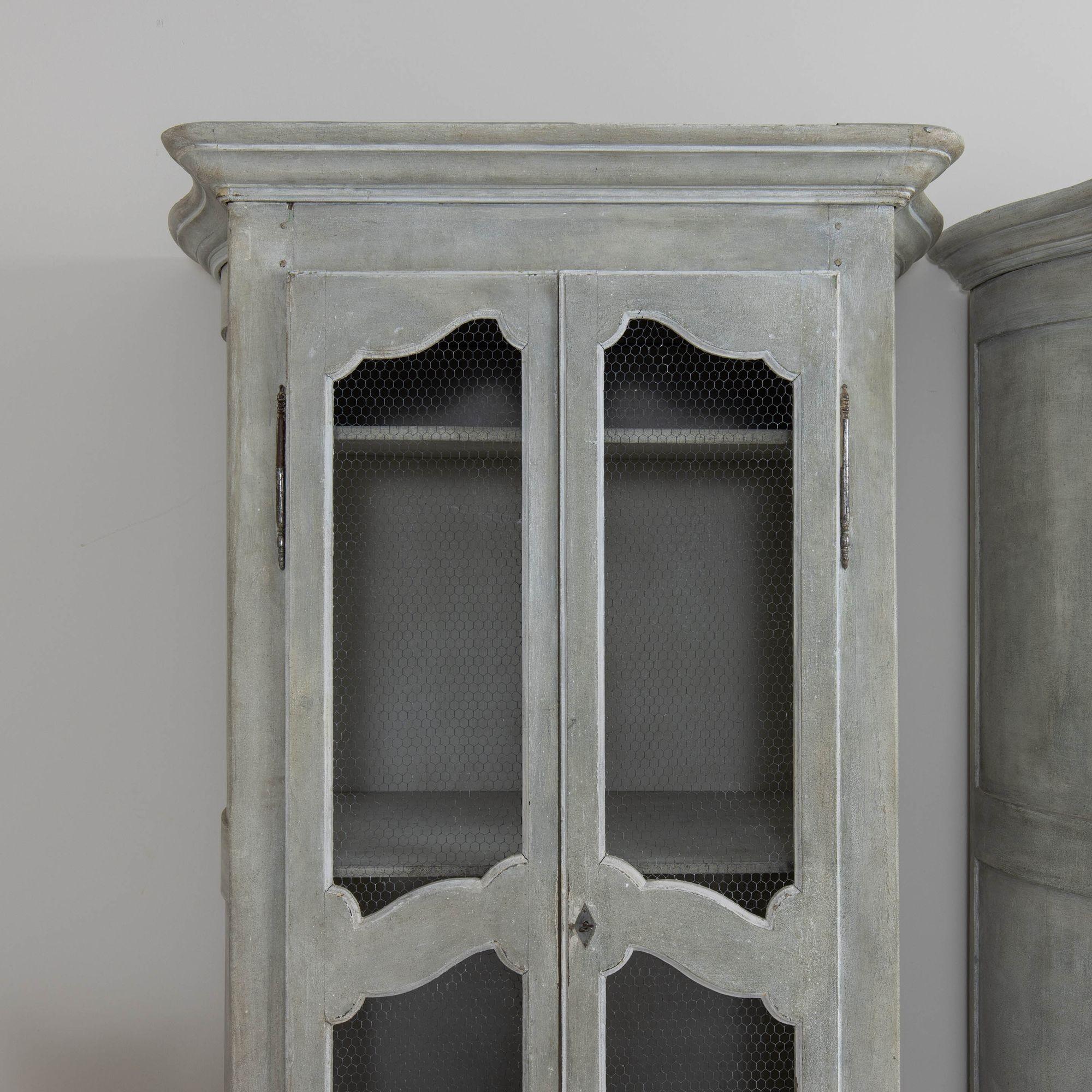 Hand-Carved 19th c. Pair of French Painted Armoire Cabinets with Serpentine Sides