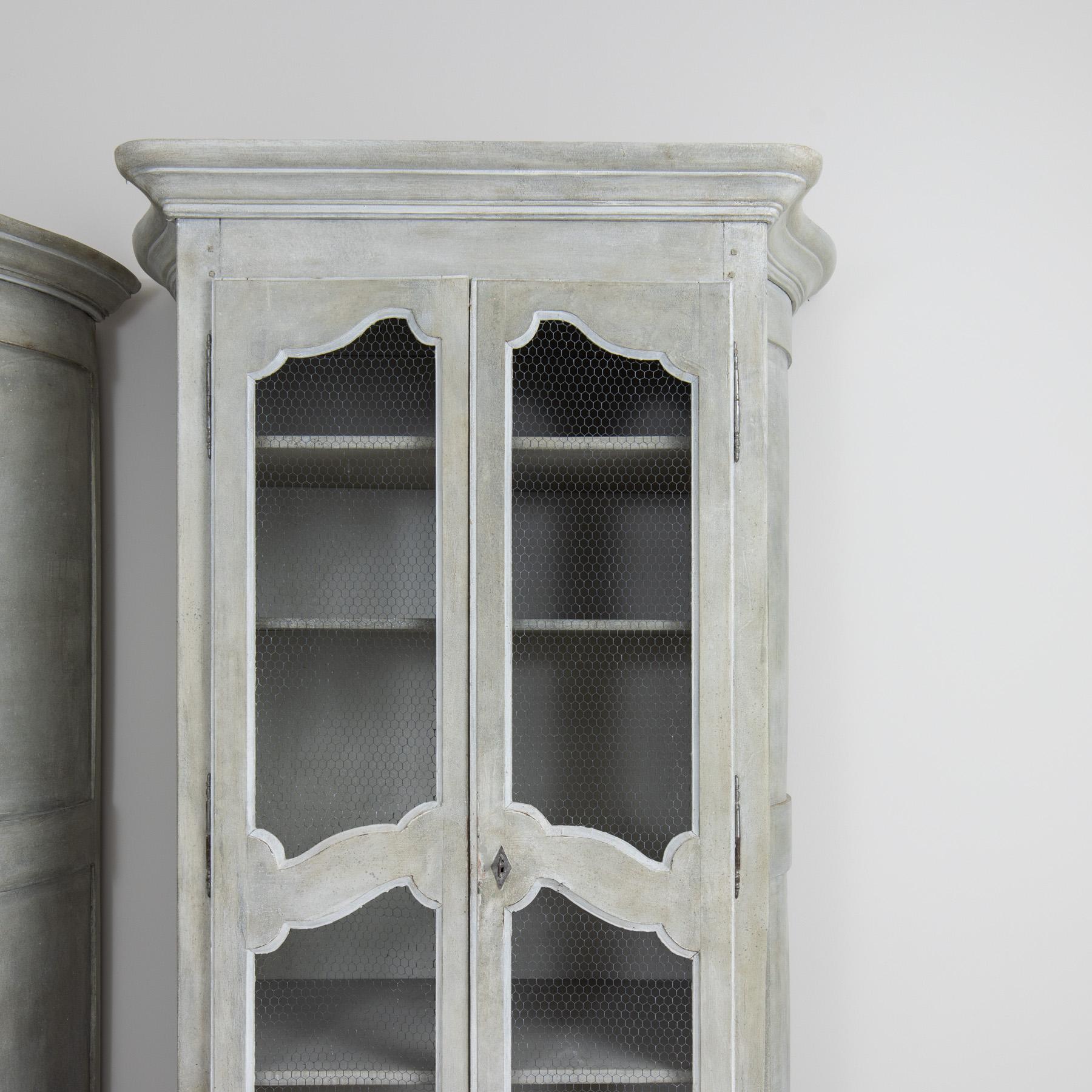 19th Century 19th c. Pair of French Gray Painted Armoire Cabinets with Serpentine Sides For Sale