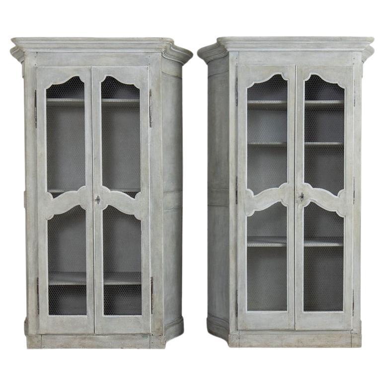 19th c. Pair of French Gray Painted Armoire Cabinets with Serpentine Sides For Sale