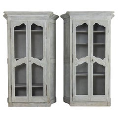 19th c. Pair of French Gray Painted Armoire Cabinets with Serpentine Sides