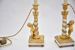 19th c. pair of gilt bronze and marble French candlestics in the style of Louis
