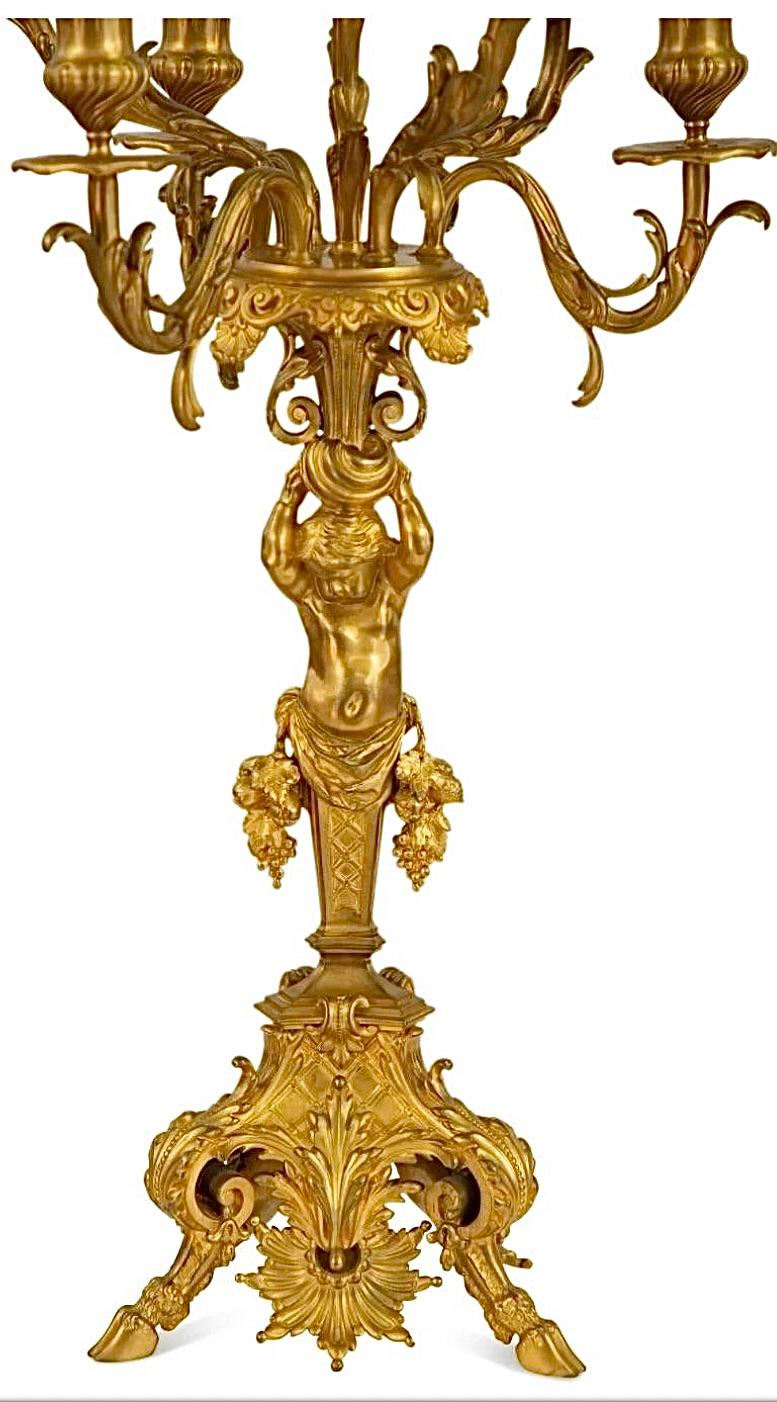 French 19th C. Pair of Gilt Bronze Figural Seven-Light Candelabra For Sale