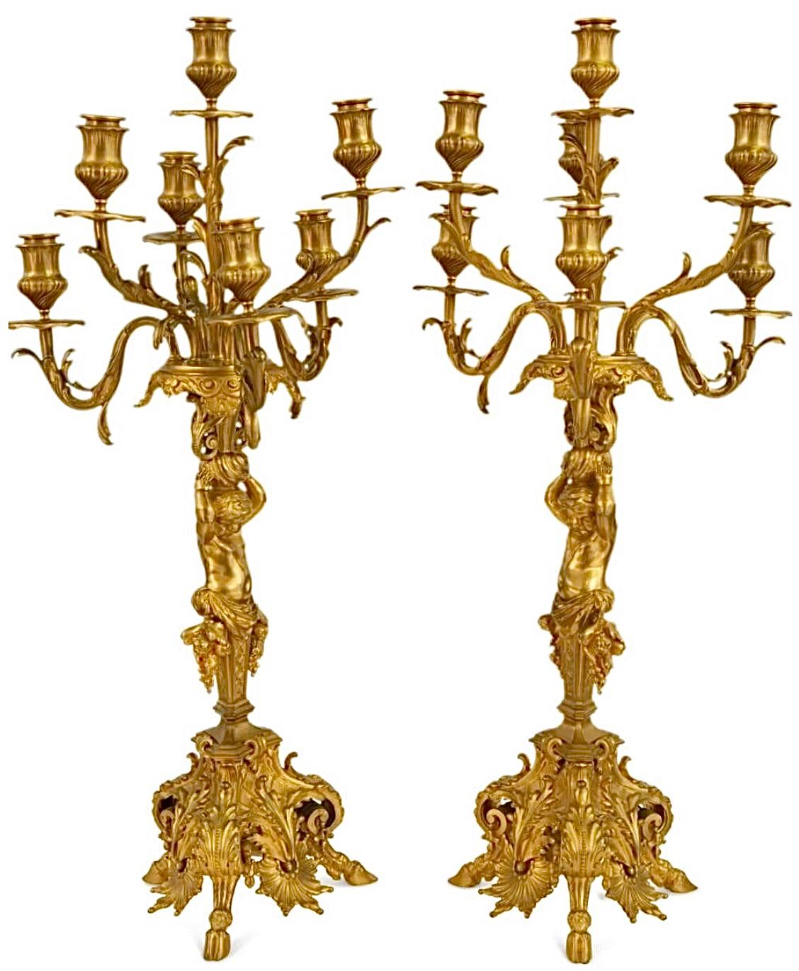 19th C. Pair of Gilt Bronze Figural Seven-Light Candelabra In Good Condition For Sale In Los Angeles, CA