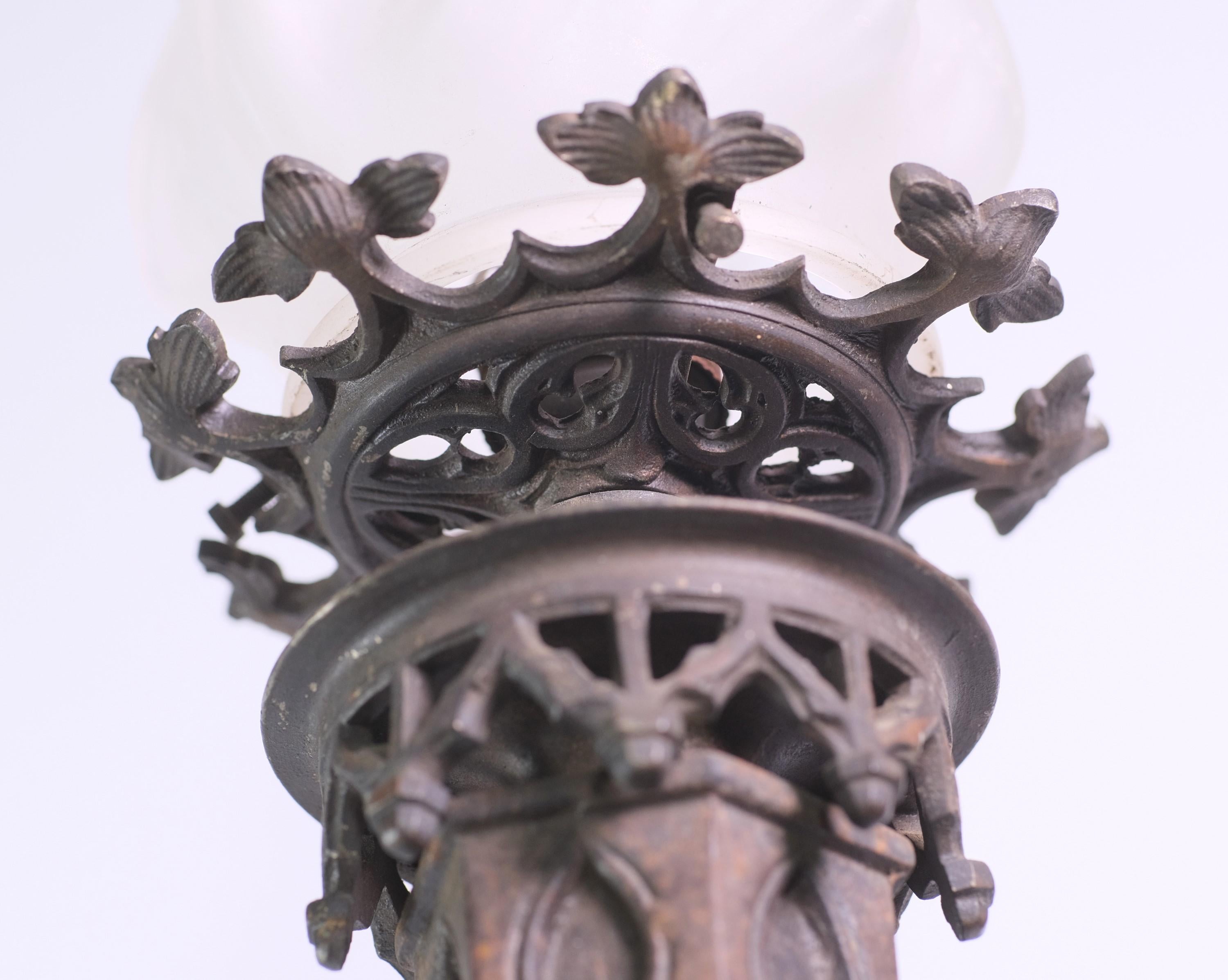 Pair of Gothic Cast Iron Wall Sconces with Flame Shades For Sale 1