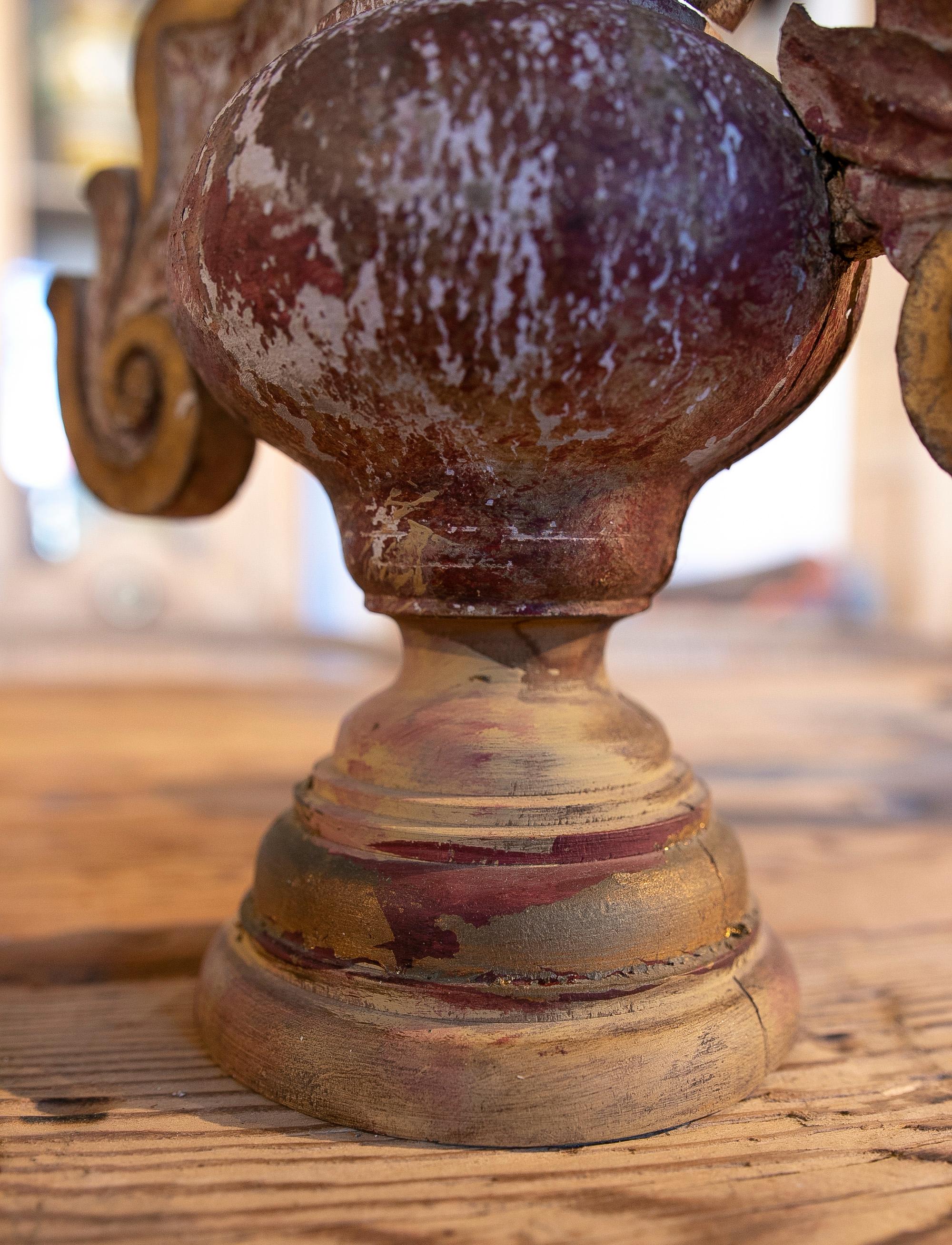 19th C Pair of Hand Painted Wooden Finials in the Shape of a Vase with Handles For Sale 2