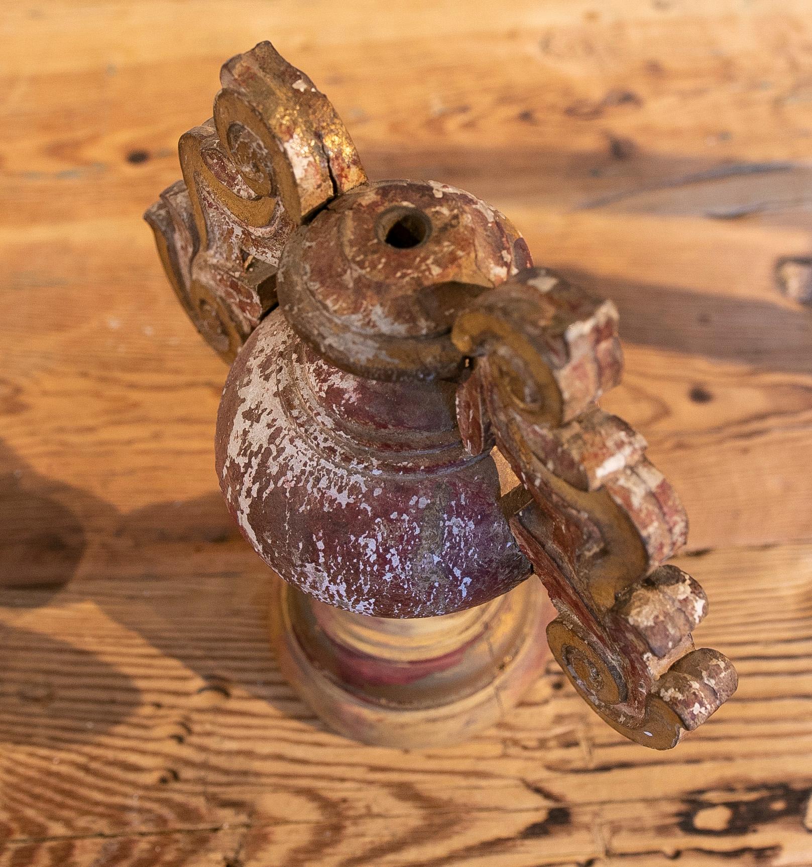 19th C Pair of Hand Painted Wooden Finials in the Shape of a Vase with Handles For Sale 5