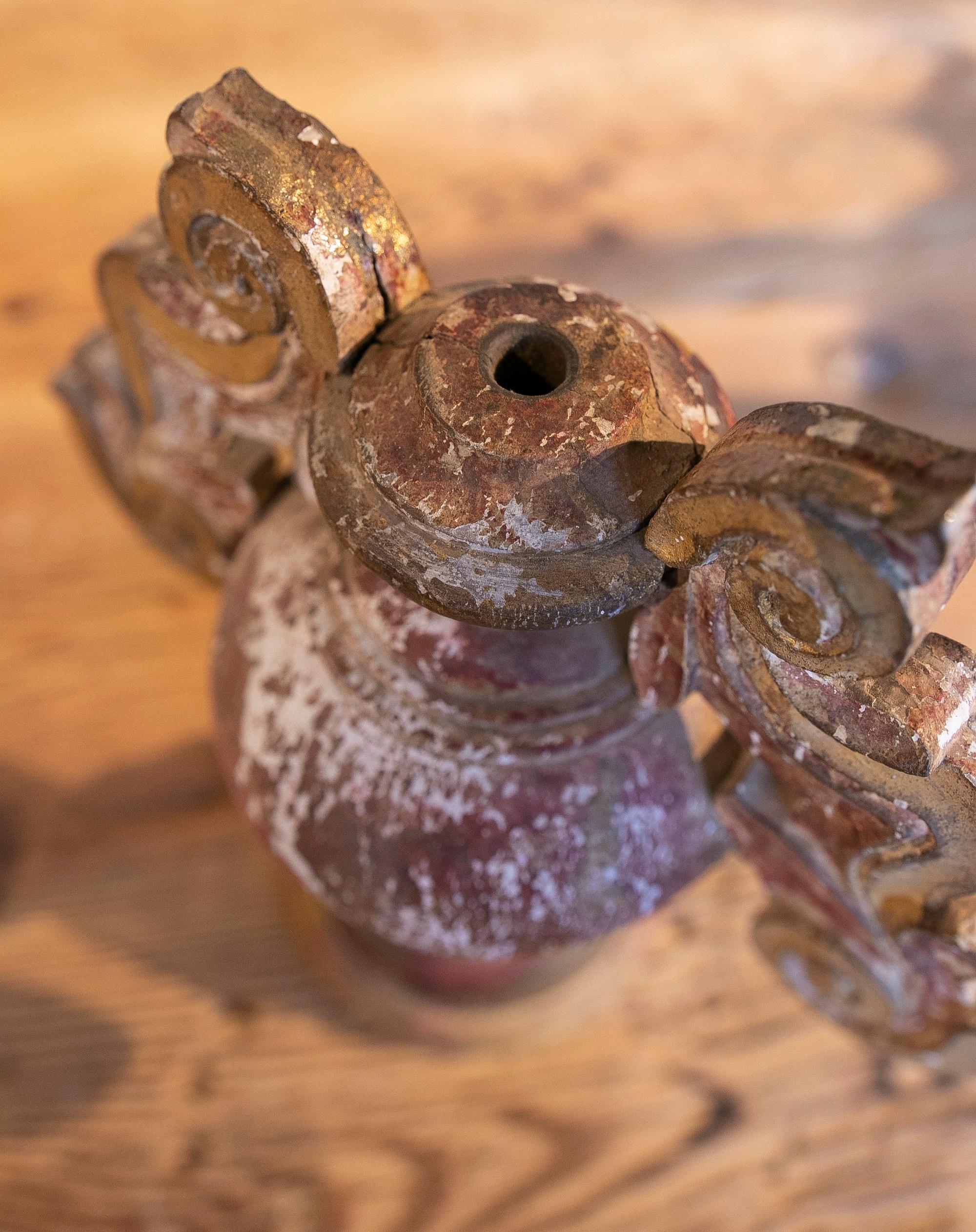 19th C Pair of Hand Painted Wooden Finials in the Shape of a Vase with Handles For Sale 6