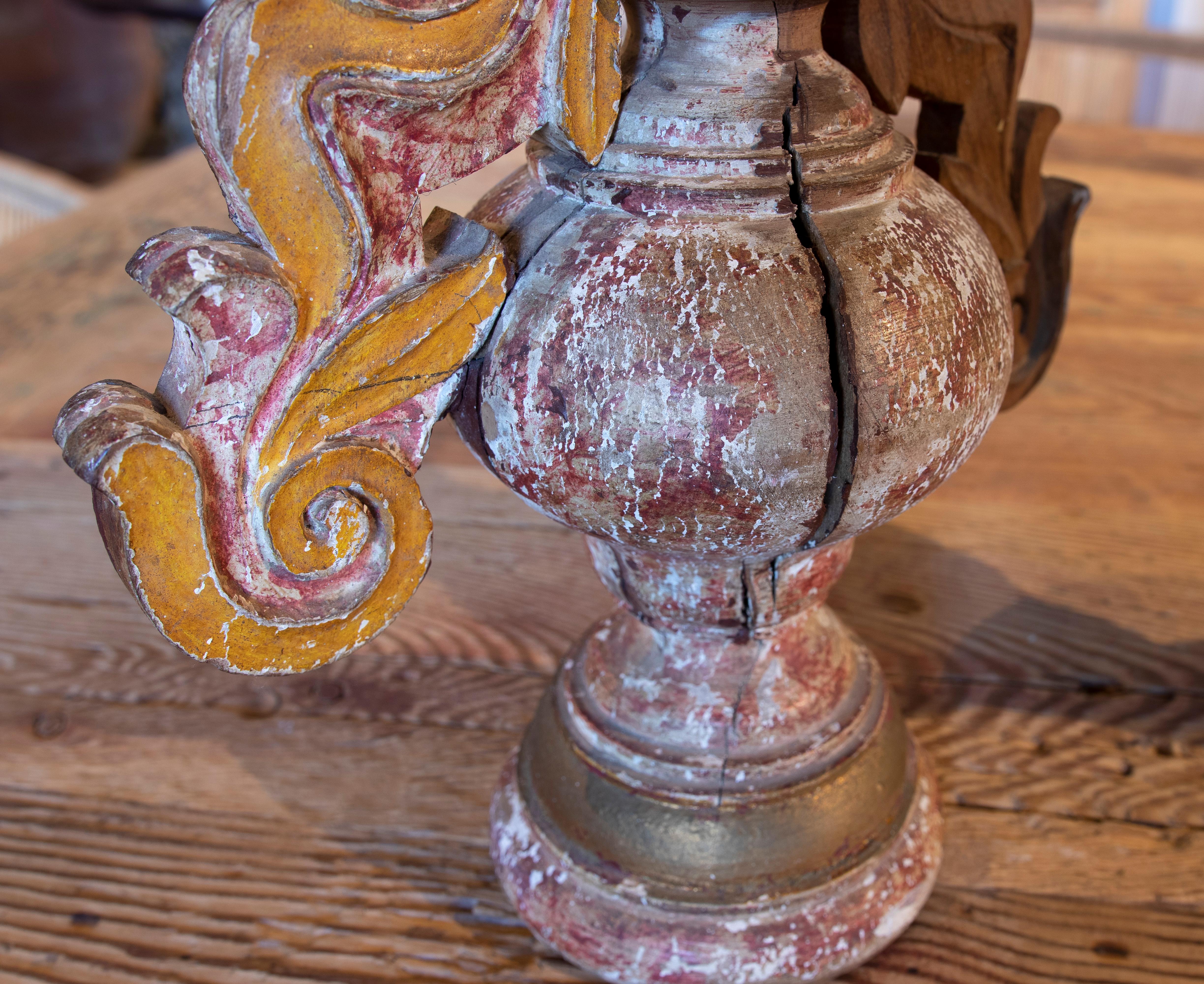 Hand-Painted 19th C Pair of Hand Painted Wooden Finials in the Shape of a Vase with Handles For Sale