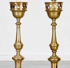 19th C. Pair of Heavy Brass Ecclesiastical Candlesticks Adapted to Table Lamps