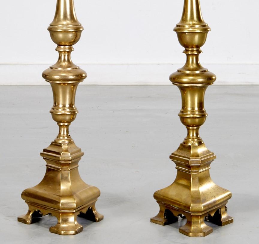 Dutch 19th C. Pair of Heavy Brass Ecclesiastical Candlesticks Adapted to Table Lamps For Sale