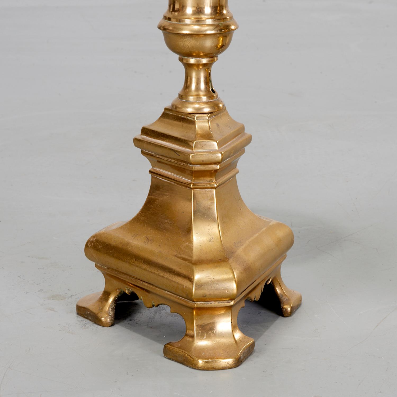 Metalwork 19th C. Pair of Heavy Brass Ecclesiastical Candlesticks Adapted to Table Lamps For Sale