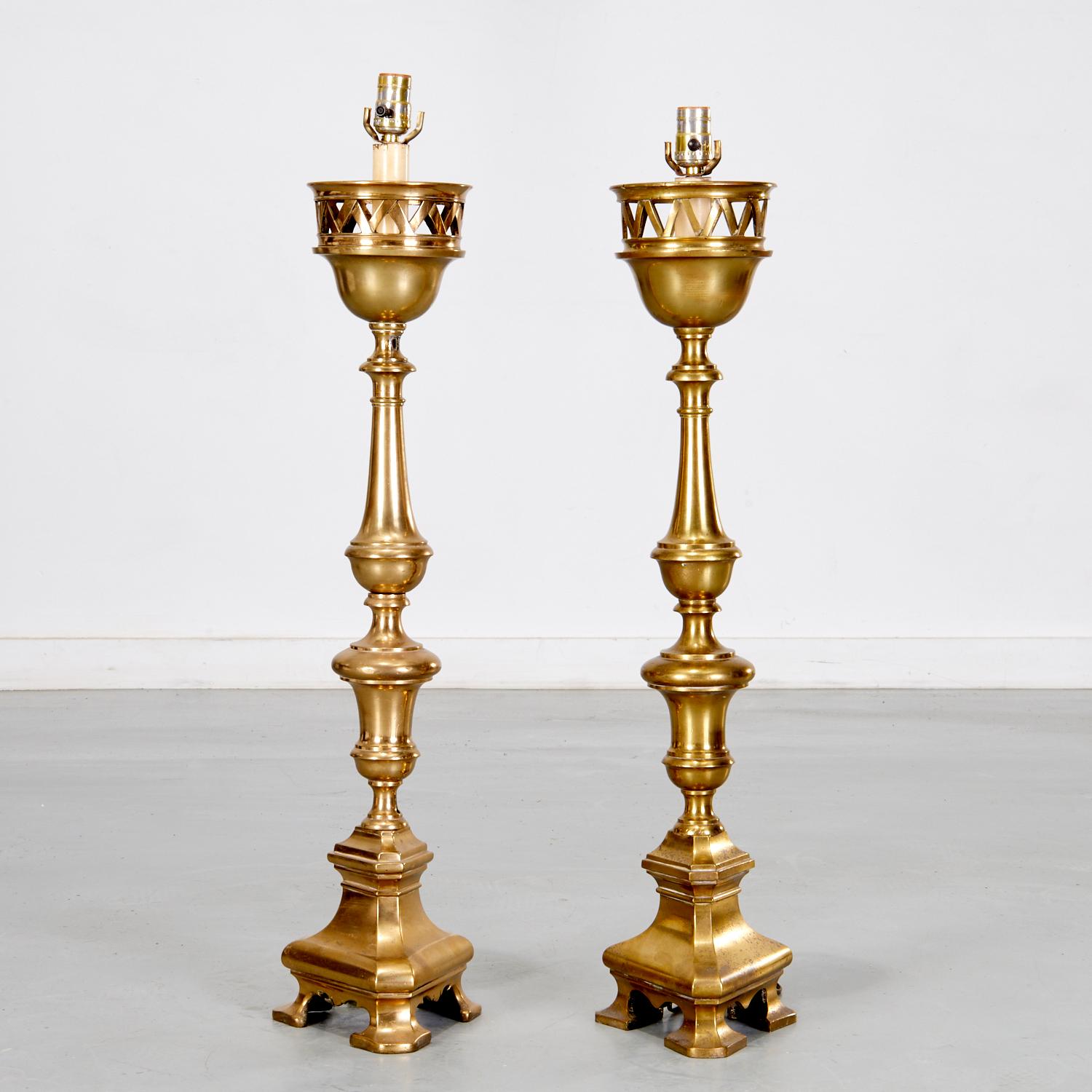19th Century 19th C. Pair of Heavy Brass Ecclesiastical Candlesticks Adapted to Table Lamps For Sale