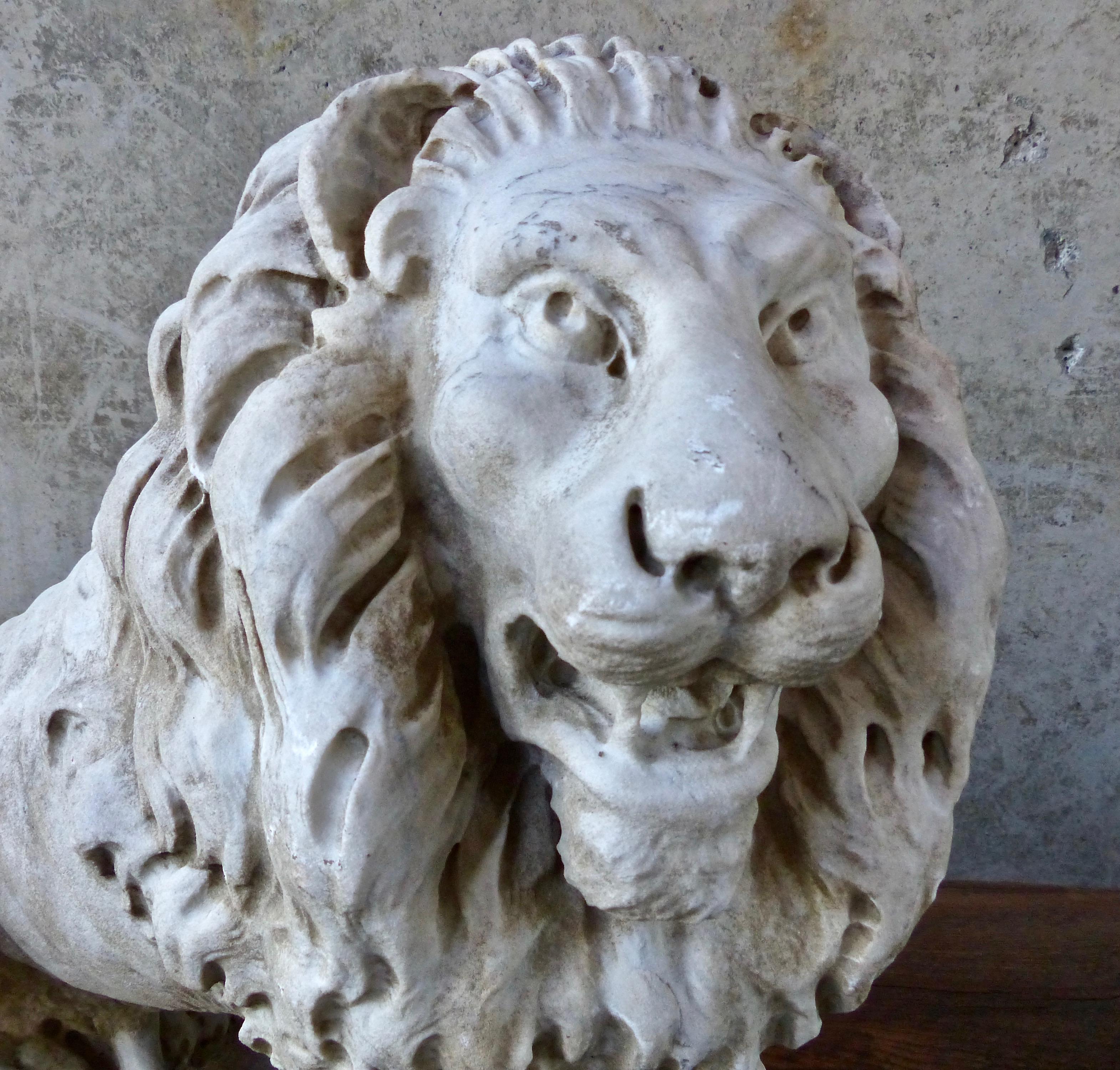 Majestic pair of marble lions with flowing manes and other beautifully hand carved details that give them personality and intimacy. Late 1880s, Italian, and resting on their own bases.
Research pending.
Update- Lions have been identified as coming