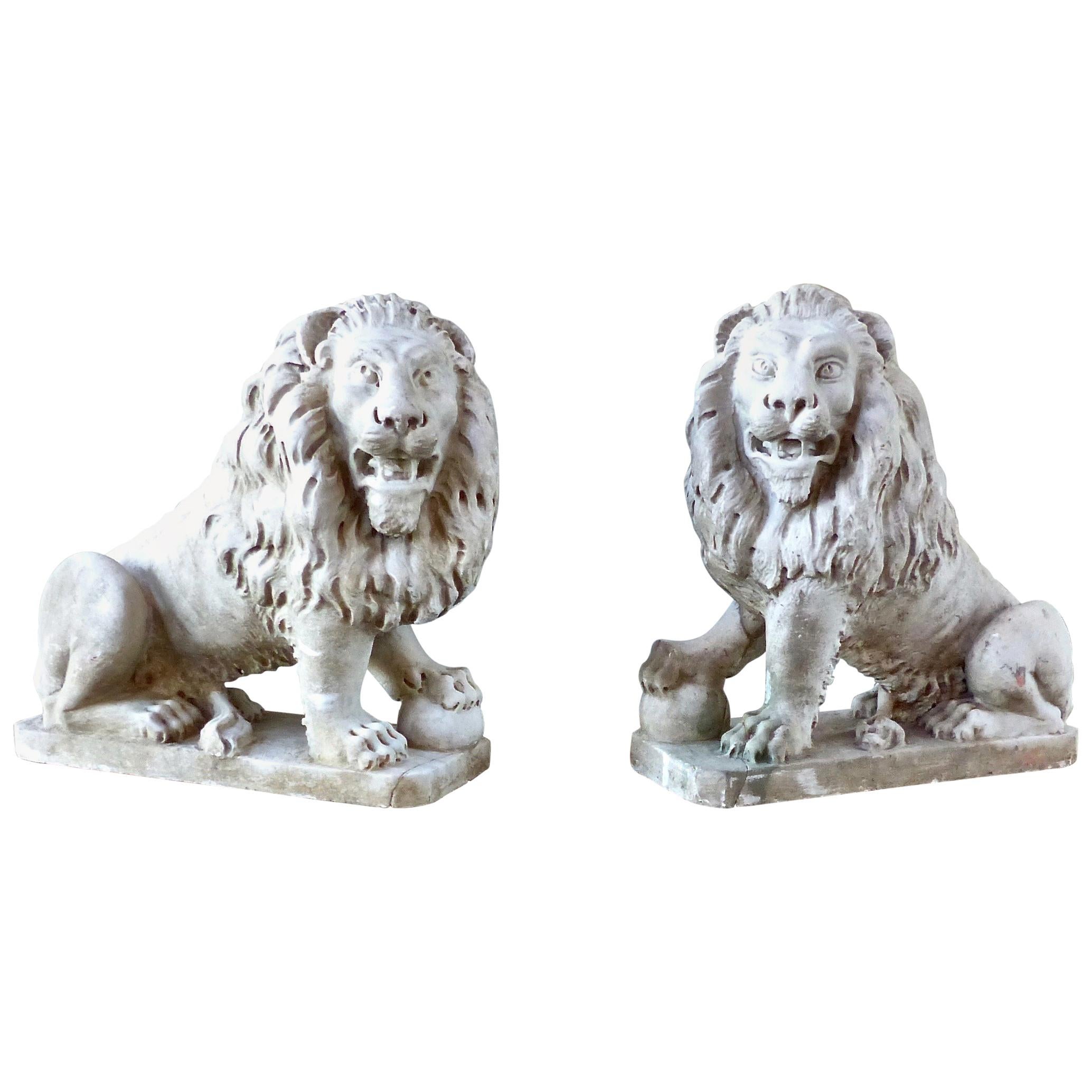 19th c Pair of Italian Hand-Carved Solid Marble Lions from Venice