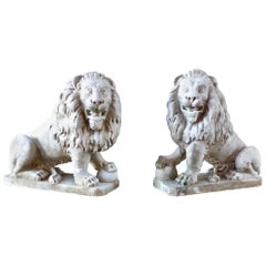 19th c Pair of Italian Hand-Carved Solid Marble Lions from Venice