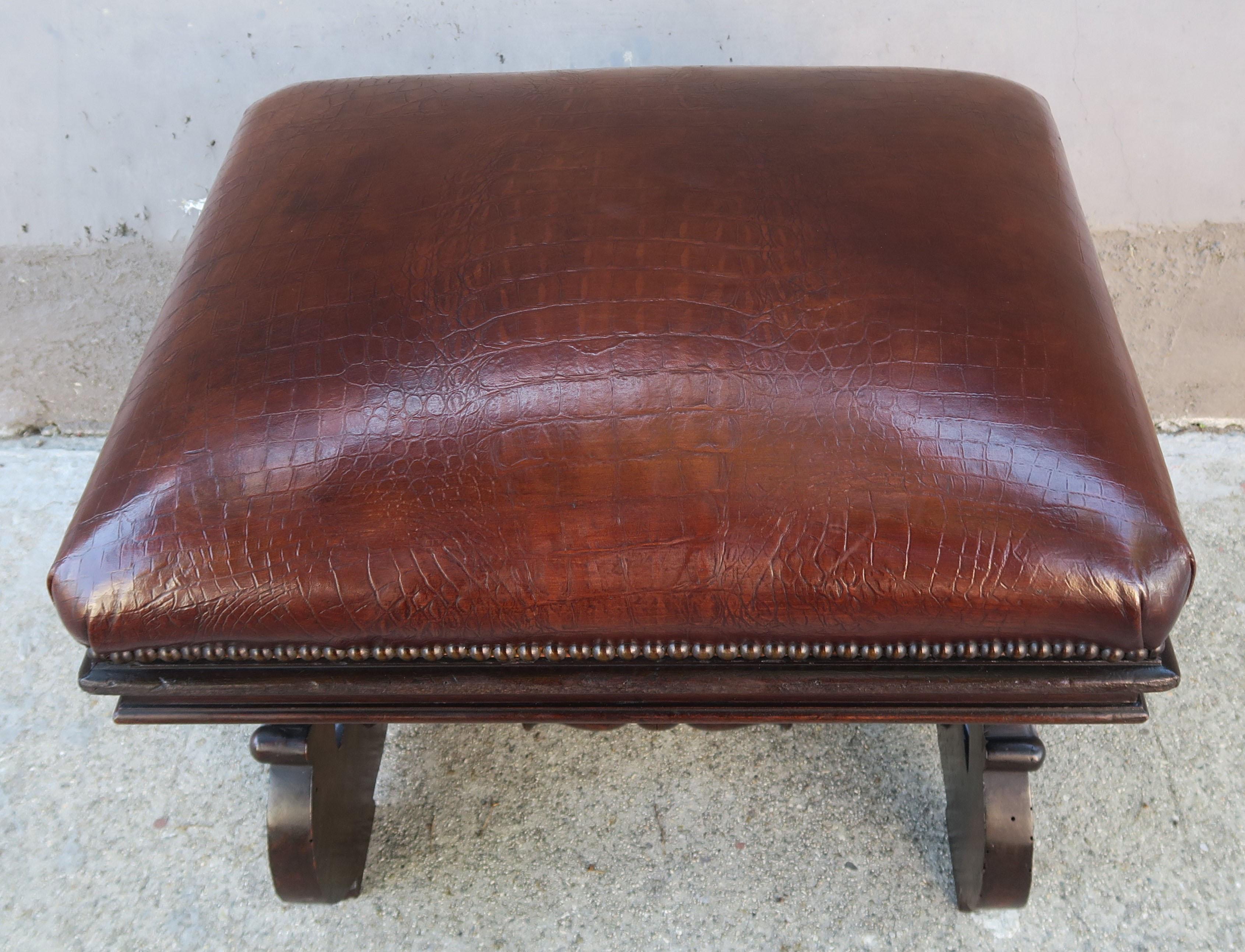 Carved 19th Century Pair of Italian Walnut Embossed Leather Benches