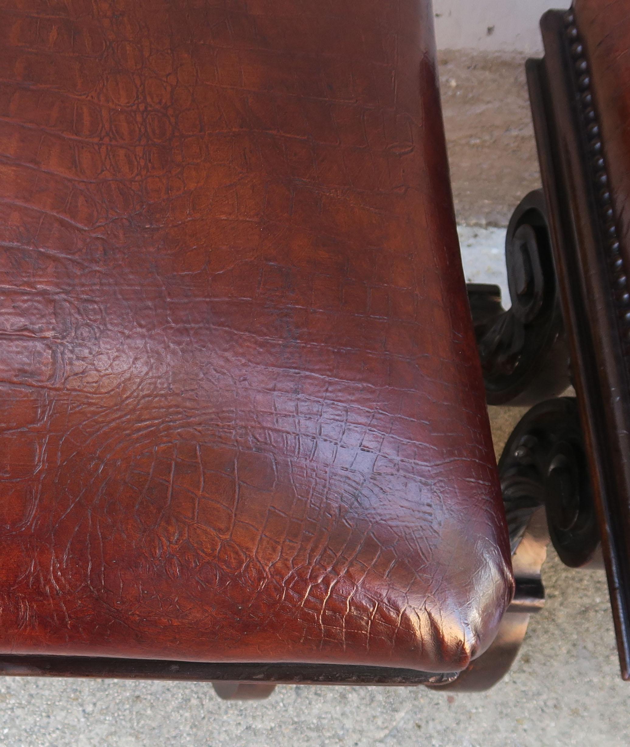 19th Century Pair of Italian Walnut Embossed Leather Benches 2