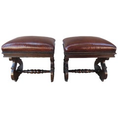 19th Century Pair of Italian Walnut Embossed Leather Benches