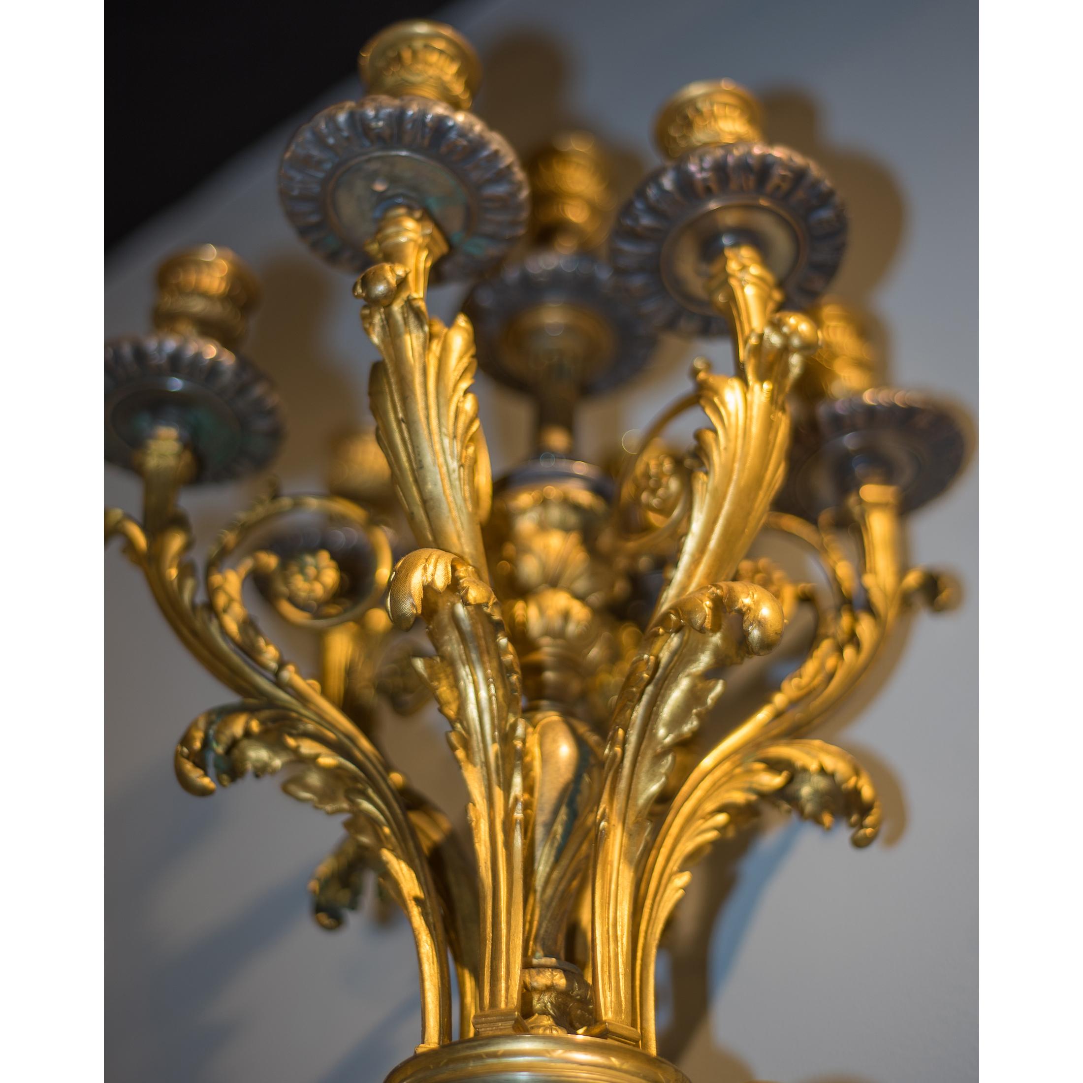 French Highly Important Exhibition Pair of Gilt Silvered Bronze Candelabra on Pedestal For Sale
