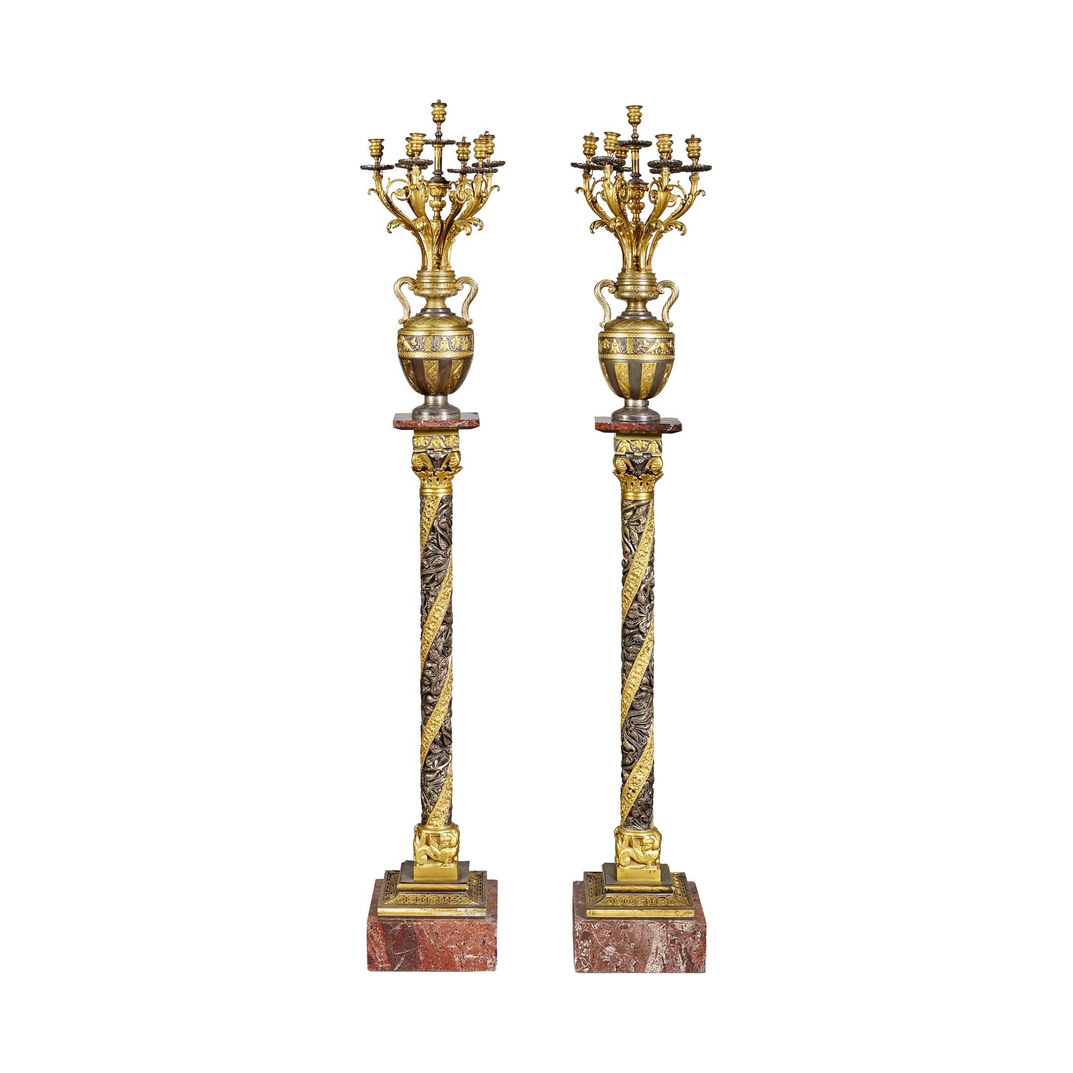 Highly Important Exhibition Pair of Gilt Silvered Bronze Candelabra on Pedestal