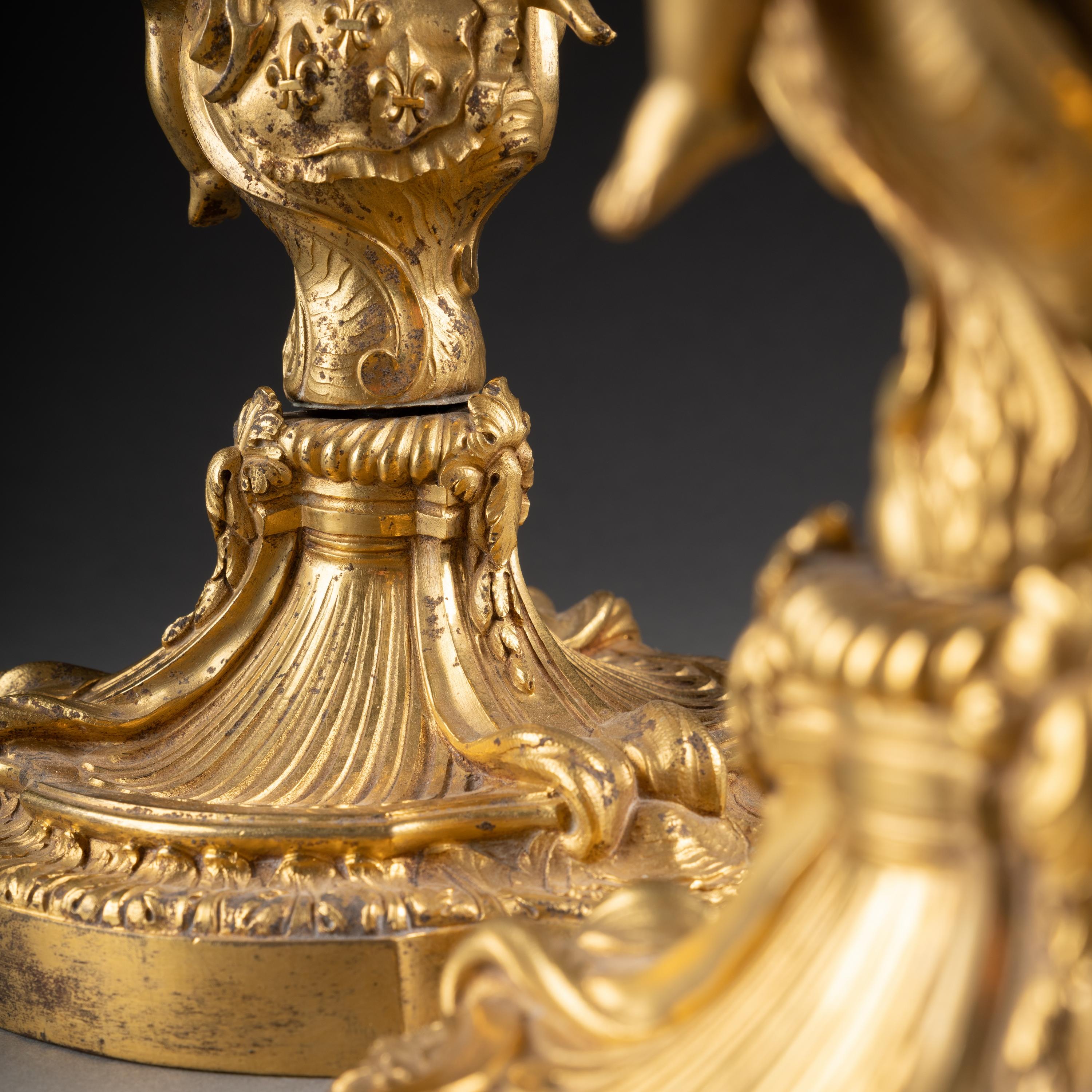 19th C. Pair of Louis XV Gilt Bronze Candlesticks with French Royal Coat of Arms For Sale 6