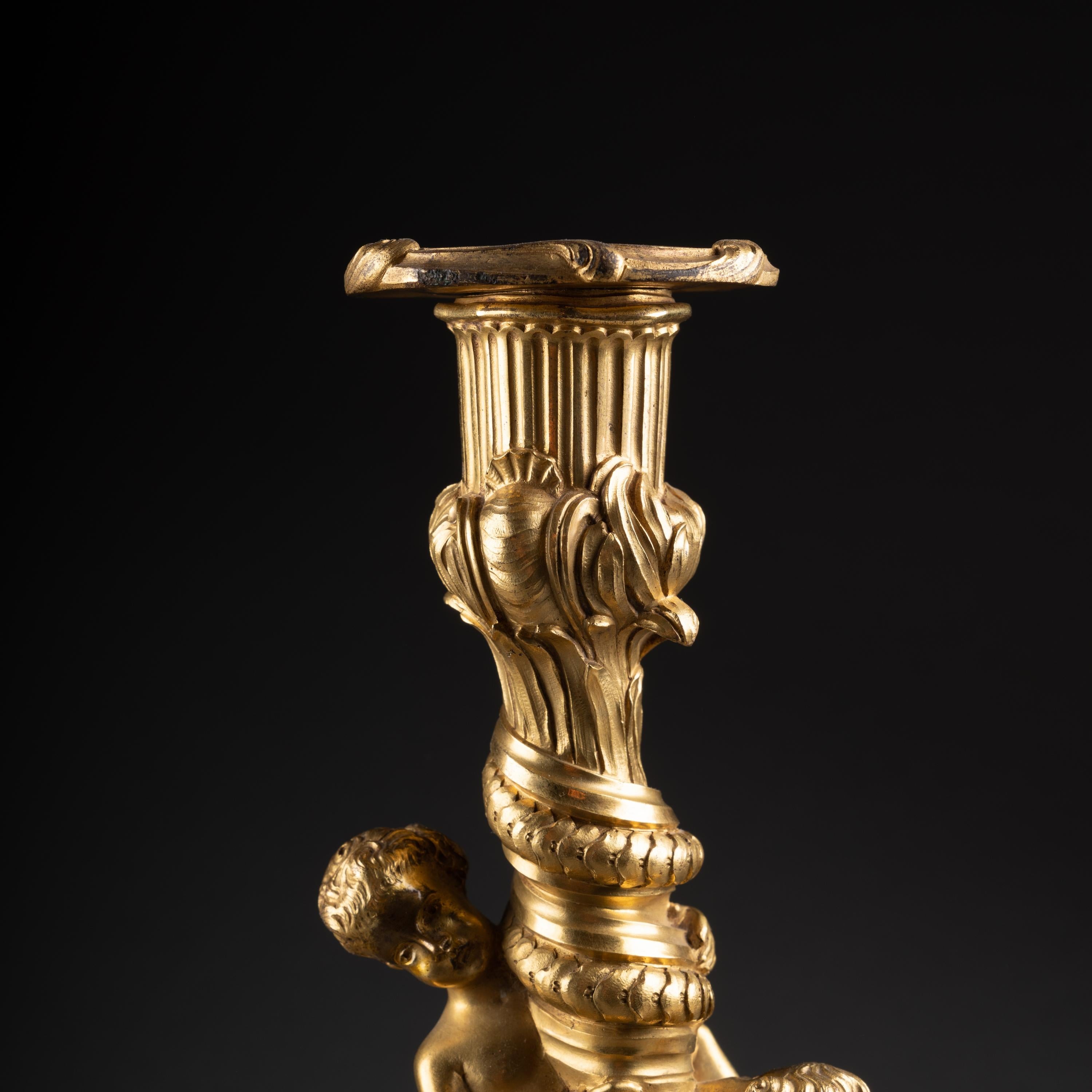 19th C. Pair of Louis XV Gilt Bronze Candlesticks with French Royal Coat of Arms For Sale 8
