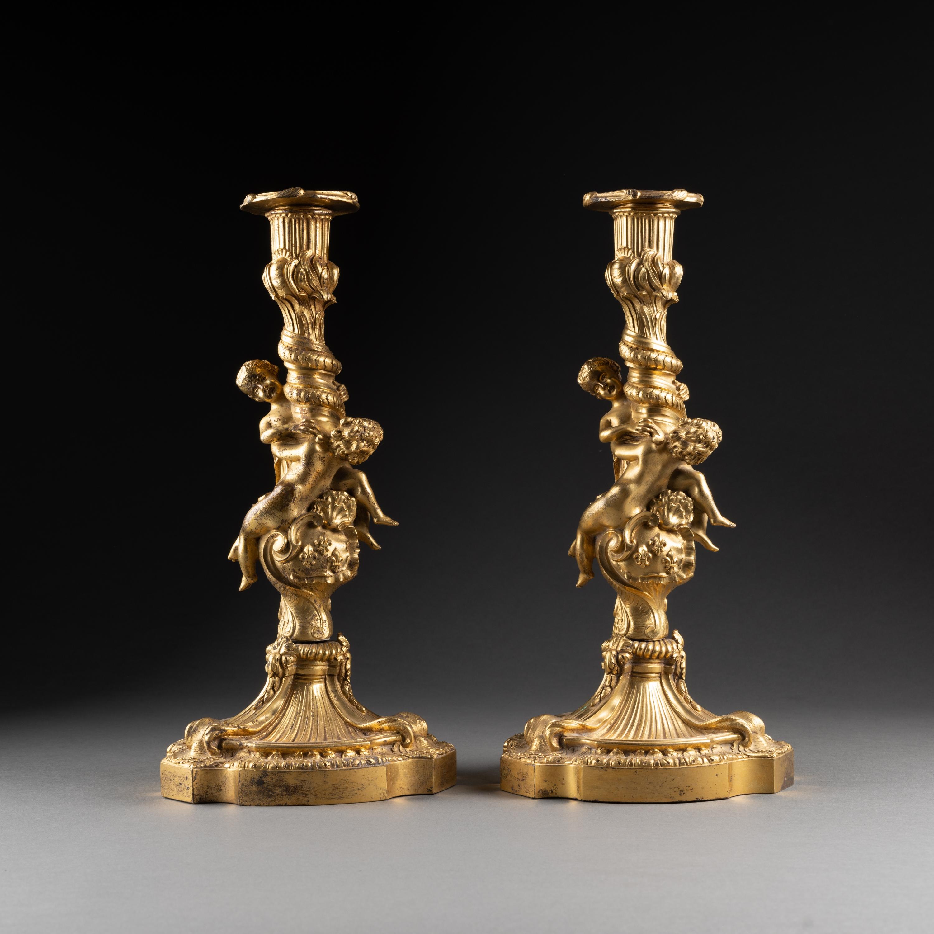 19th C. Pair of Louis XV Gilt Bronze Candlesticks with French Royal Coat of Arms For Sale 10