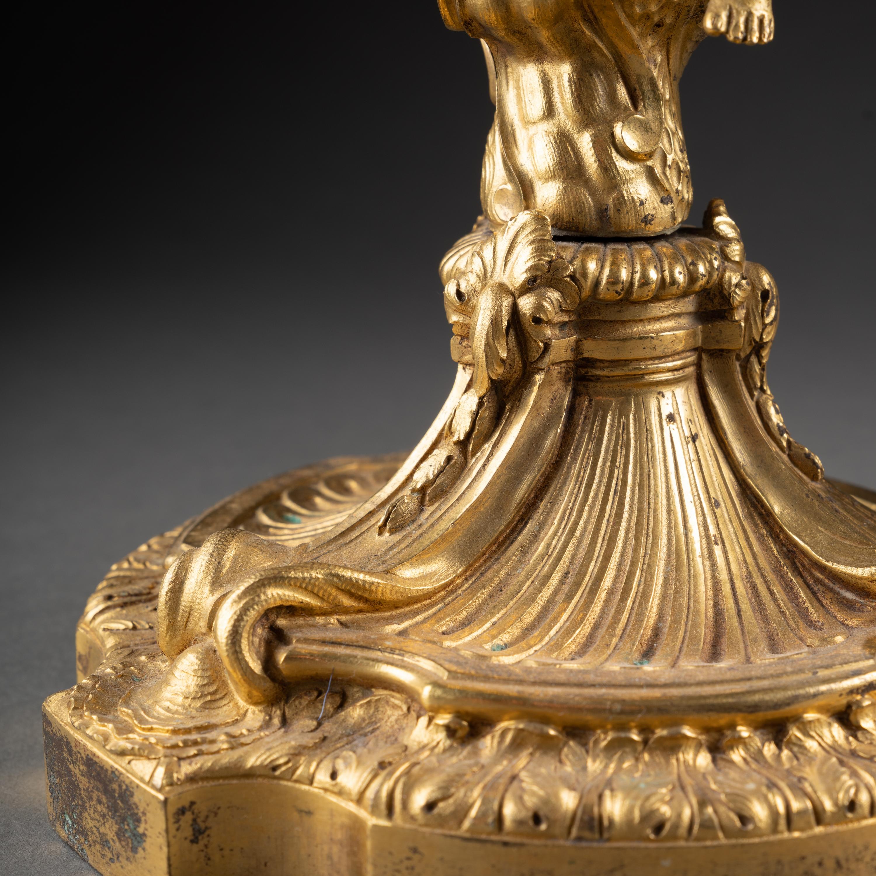 Coppia di candelieri in bronzo dorato Luigi XV del XIX secolo con stemma reale francese in vendita 2