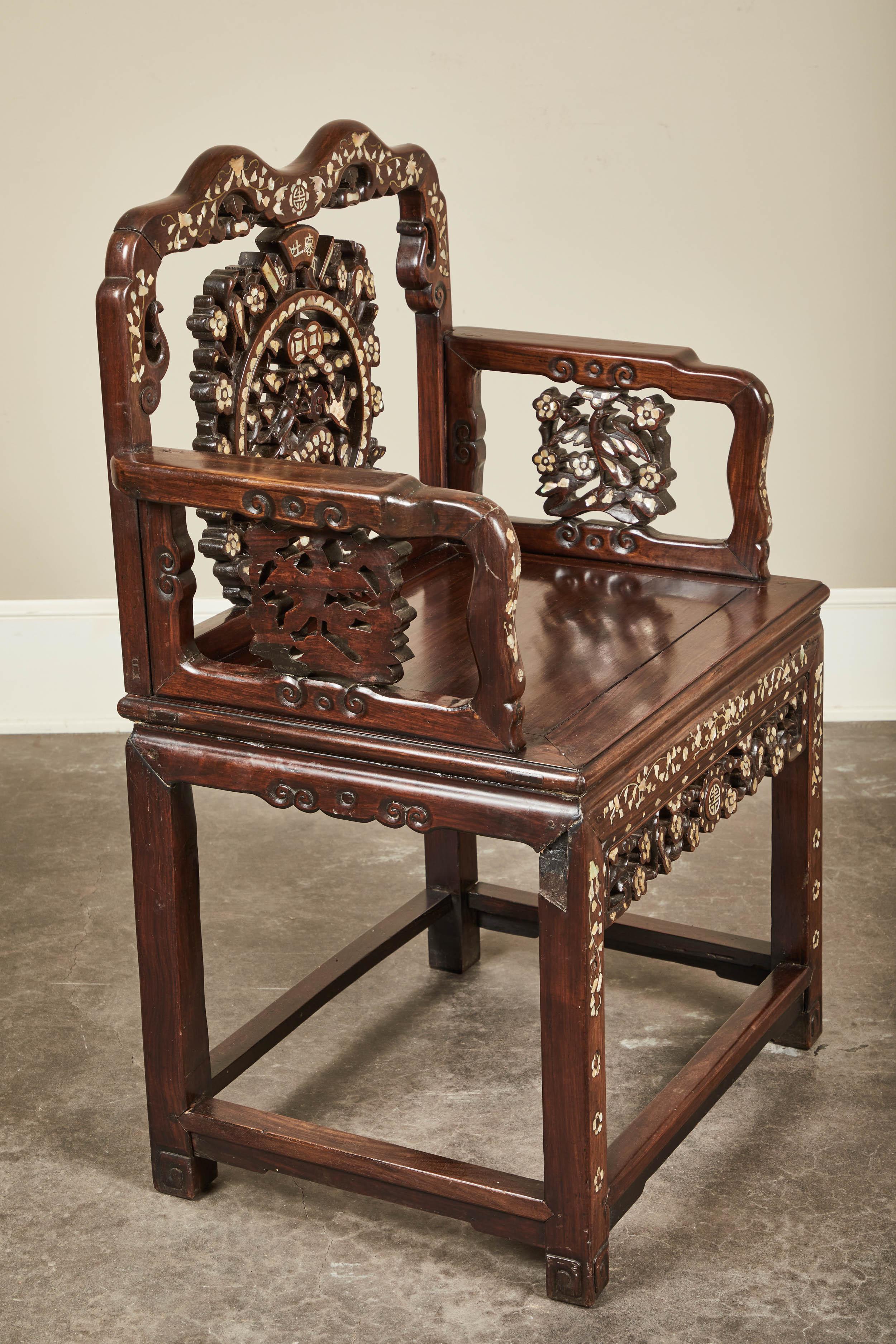 Chinese 19th Century Pair of Mother of Pearl Inlay Chairs