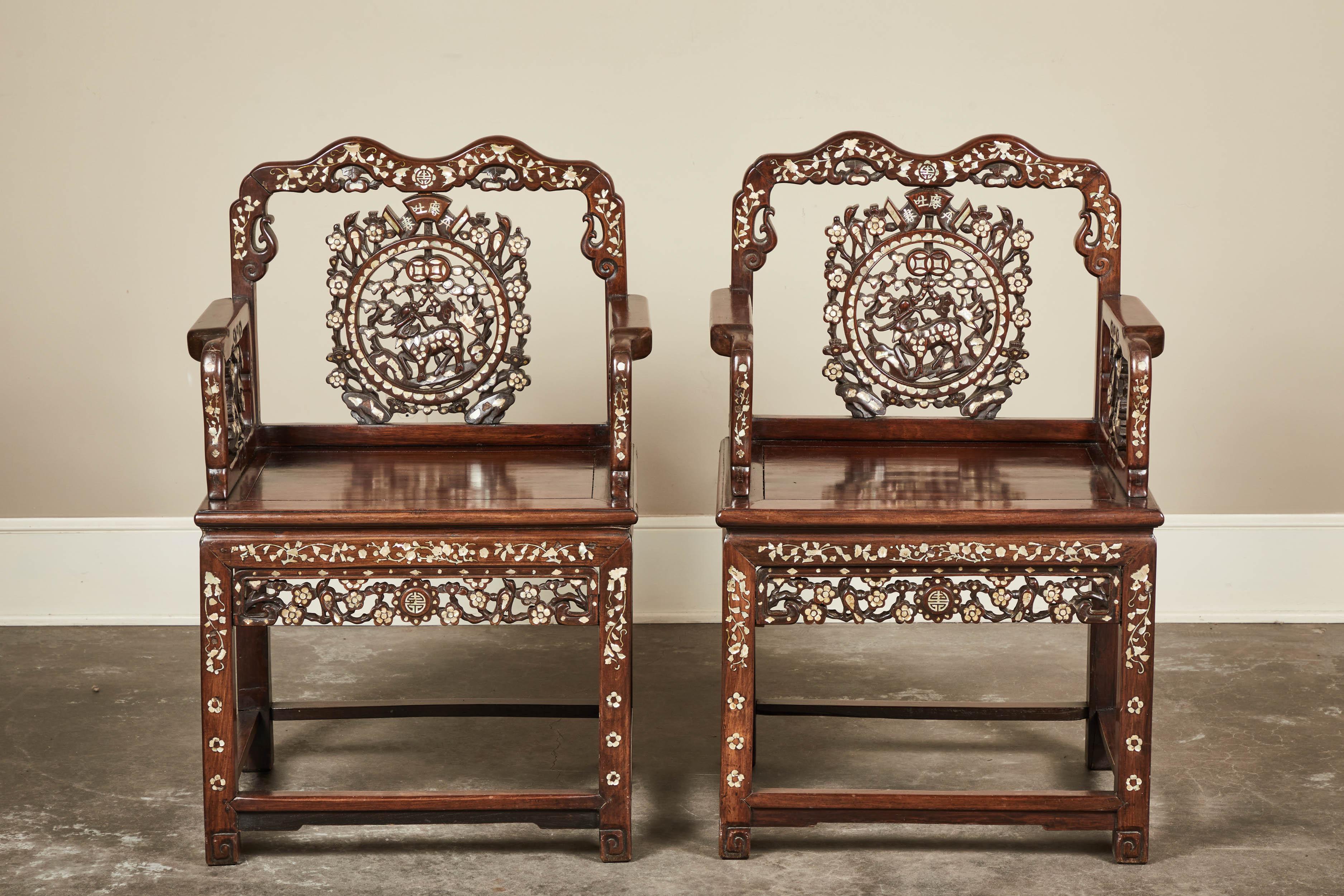 Mother-of-Pearl 19th Century Pair of Mother of Pearl Inlay Chairs For Sale