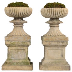 19th c. Pair of Scottish Buff Terracotta Urns with Classic Plinths